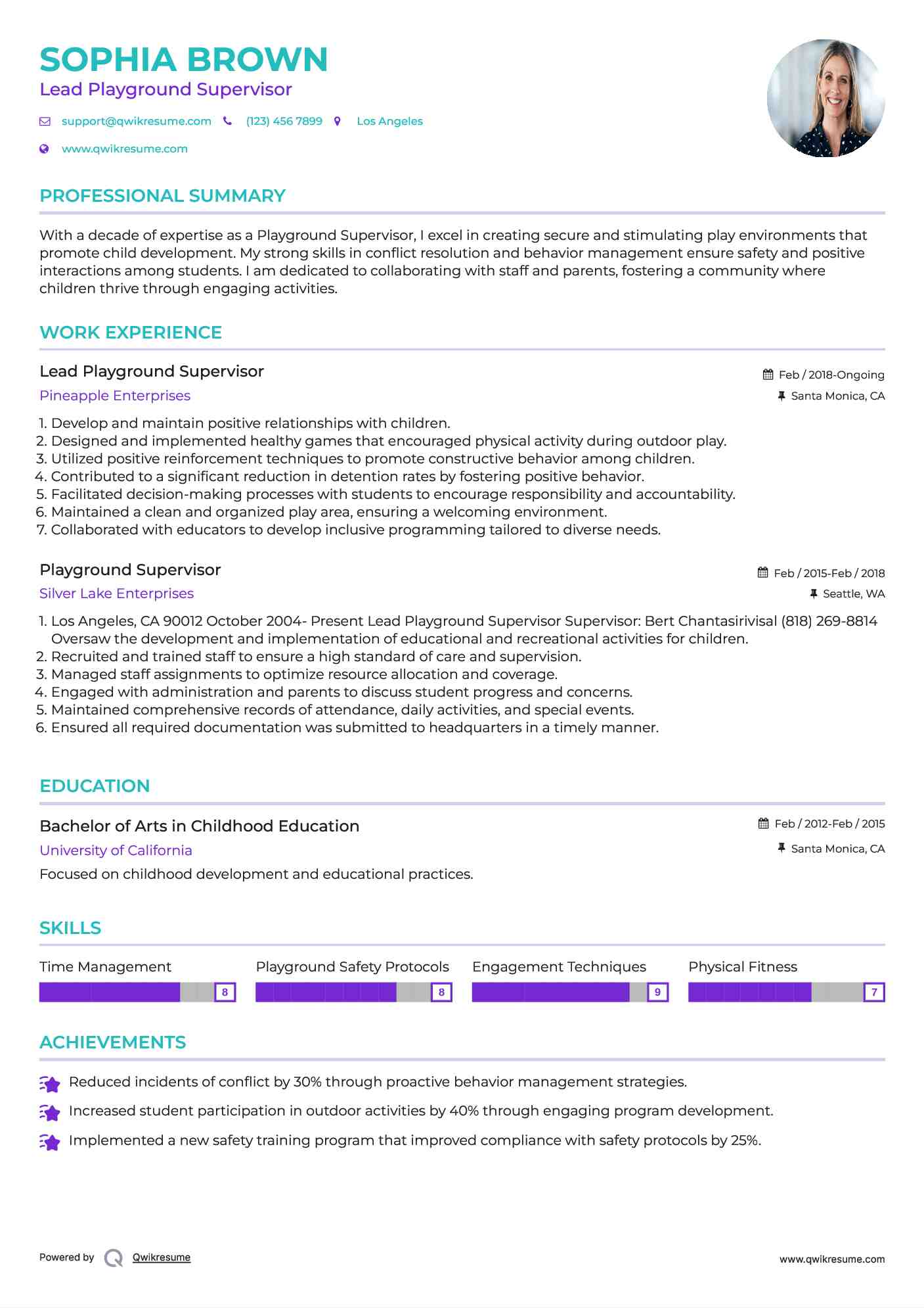 Lead Playground Supervisor Resume Sample
