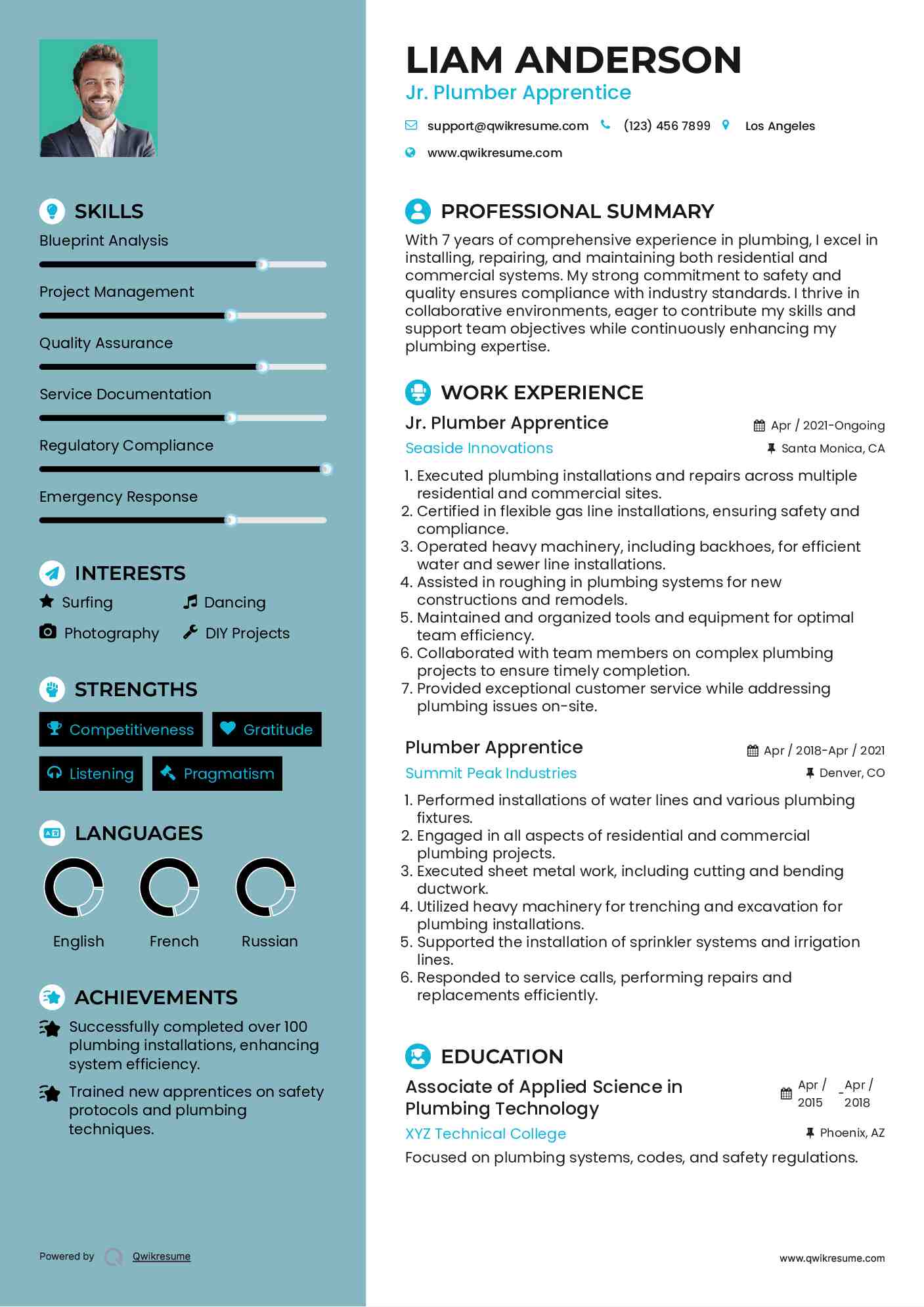 Jr. Plumber Apprentice Resume Model