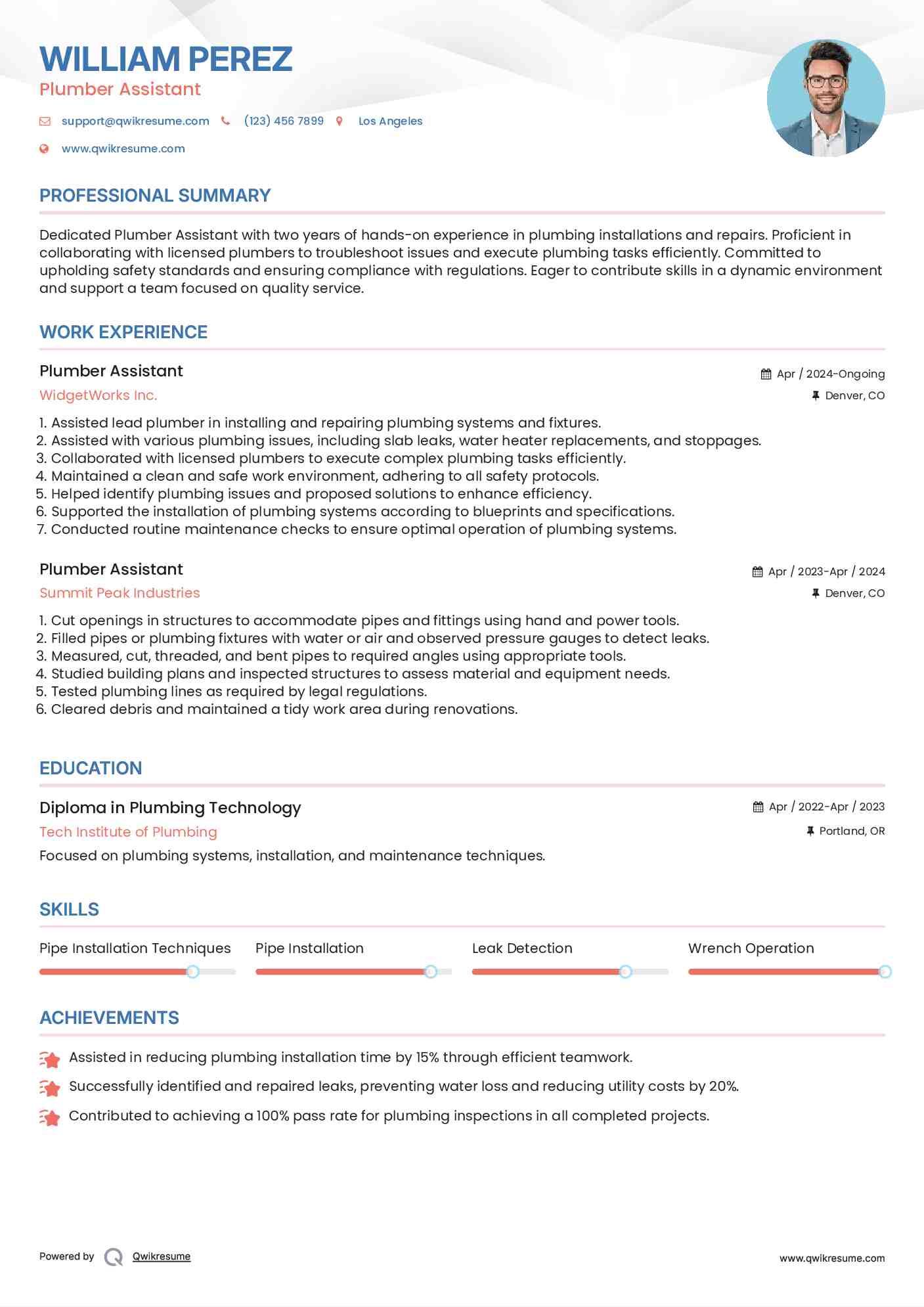 Plumber Assistant Resume Model
