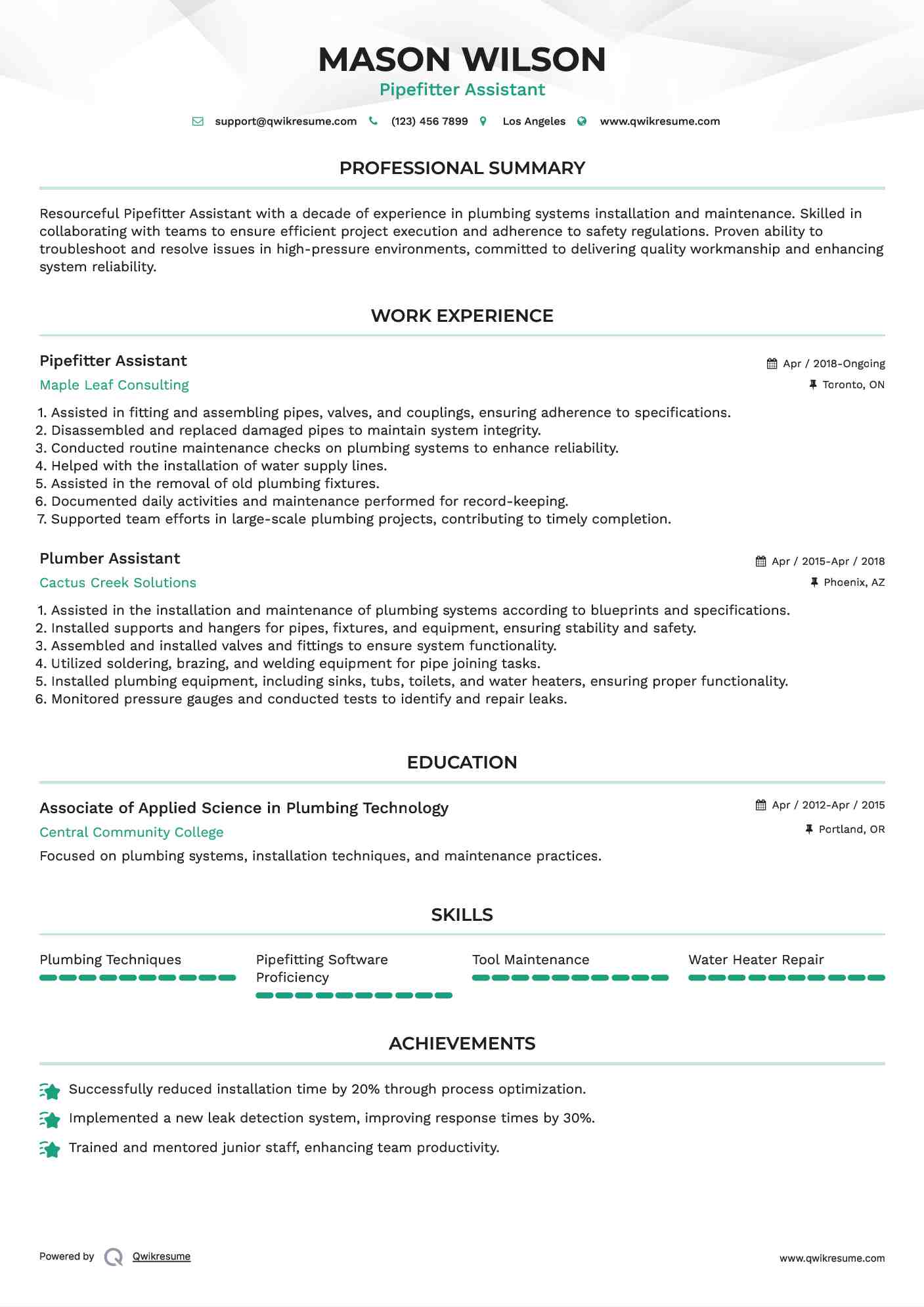 Pipefitter Assistant Resume Template