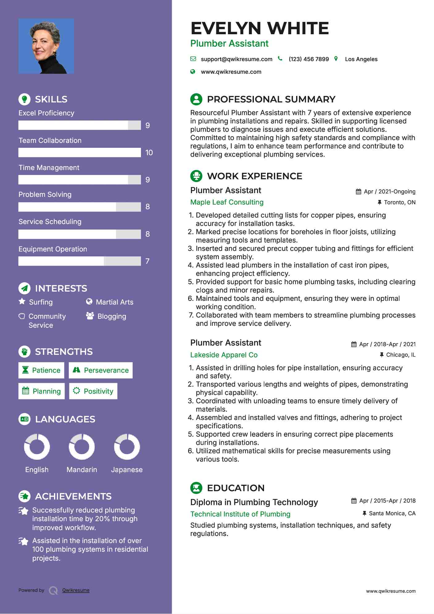 Plumber Assistant Resume Sample