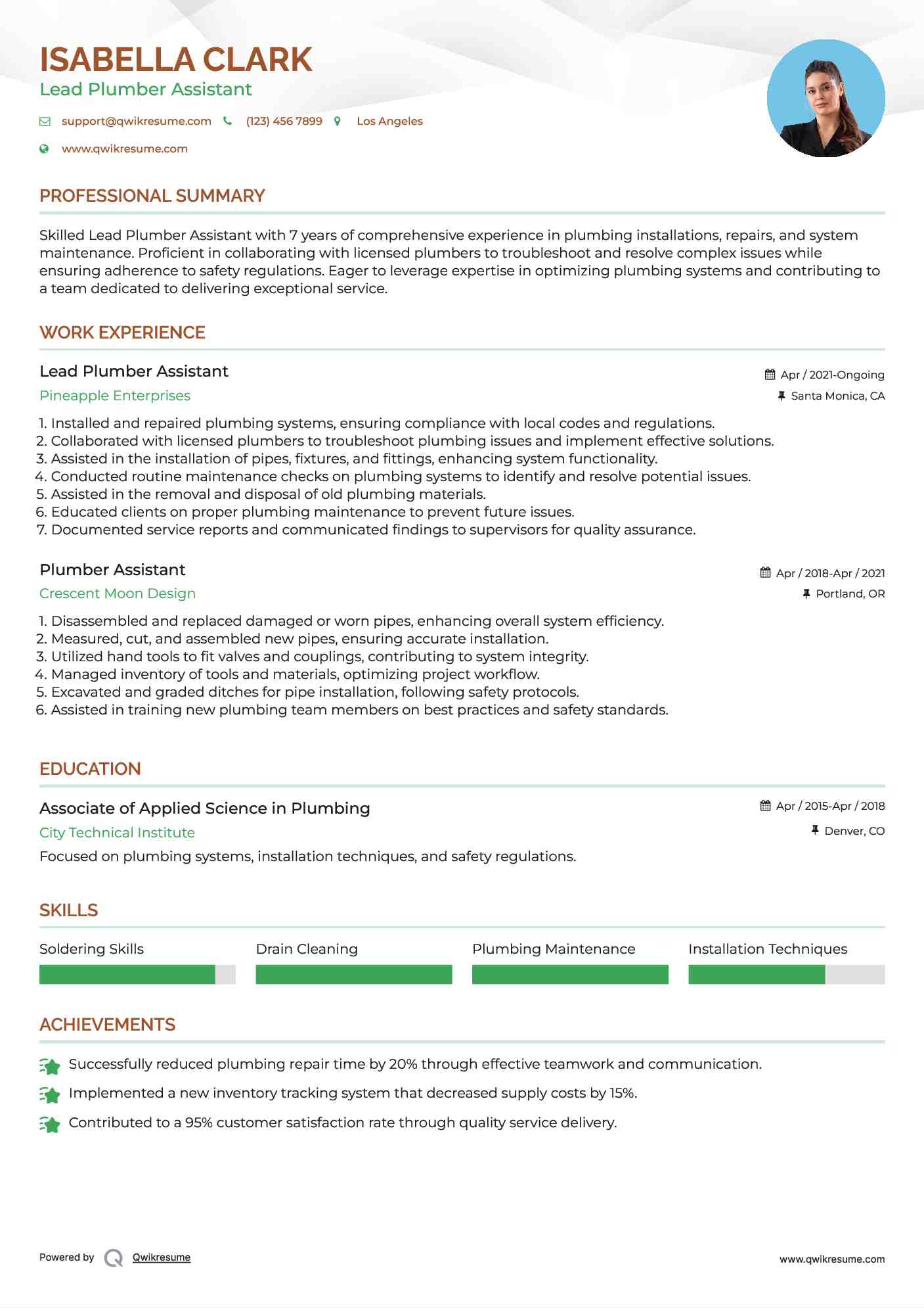 Lead Plumber Assistant Resume Template