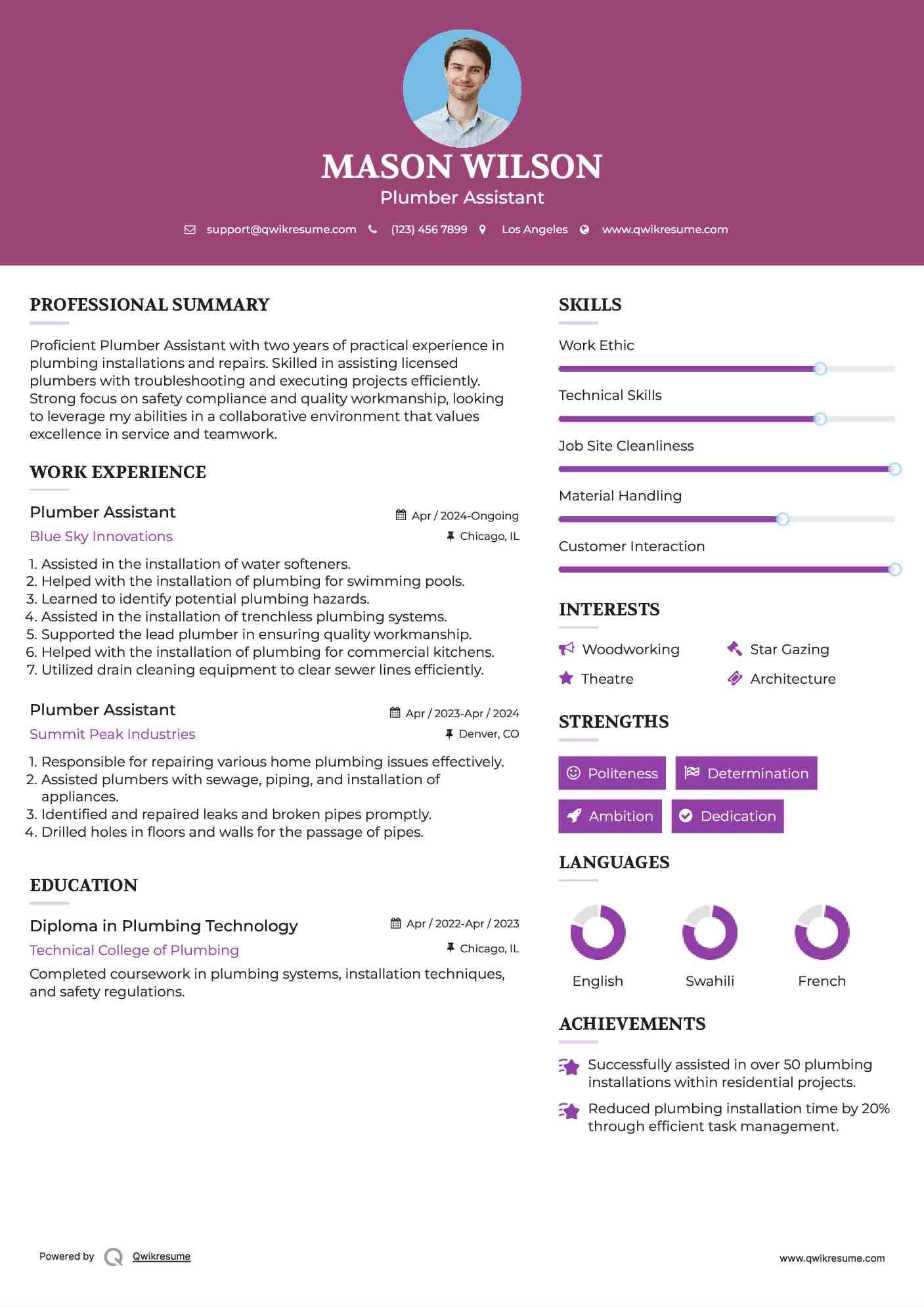 Plumber Assistant Resume Format