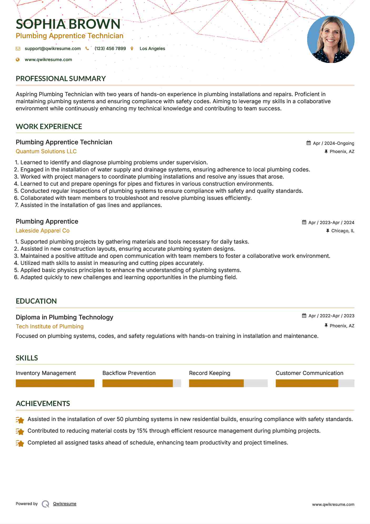 Plumbing Apprentice Technician Resume Example