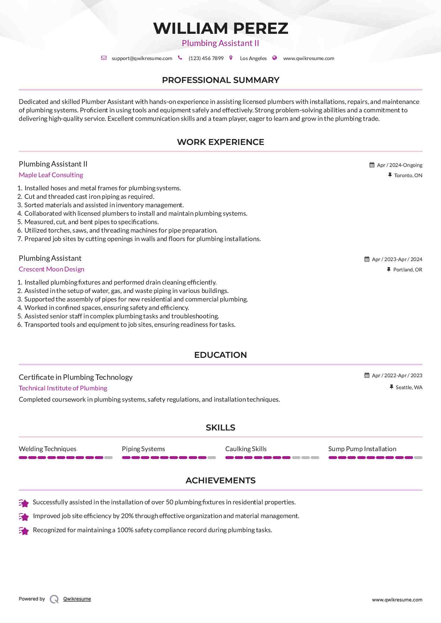 Plumbing Assistant II Resume Sample