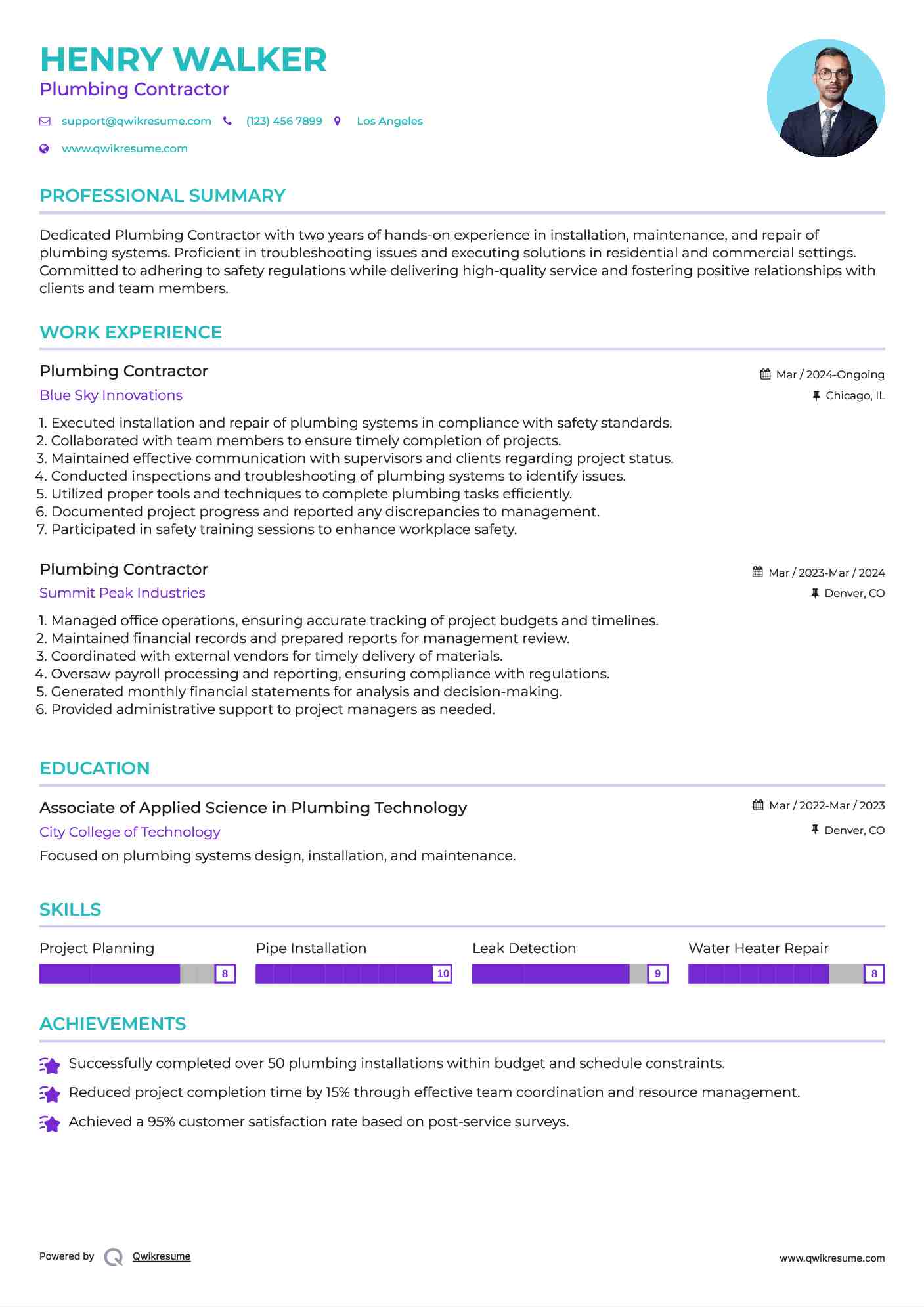 Plumbing Contractor Resume Model