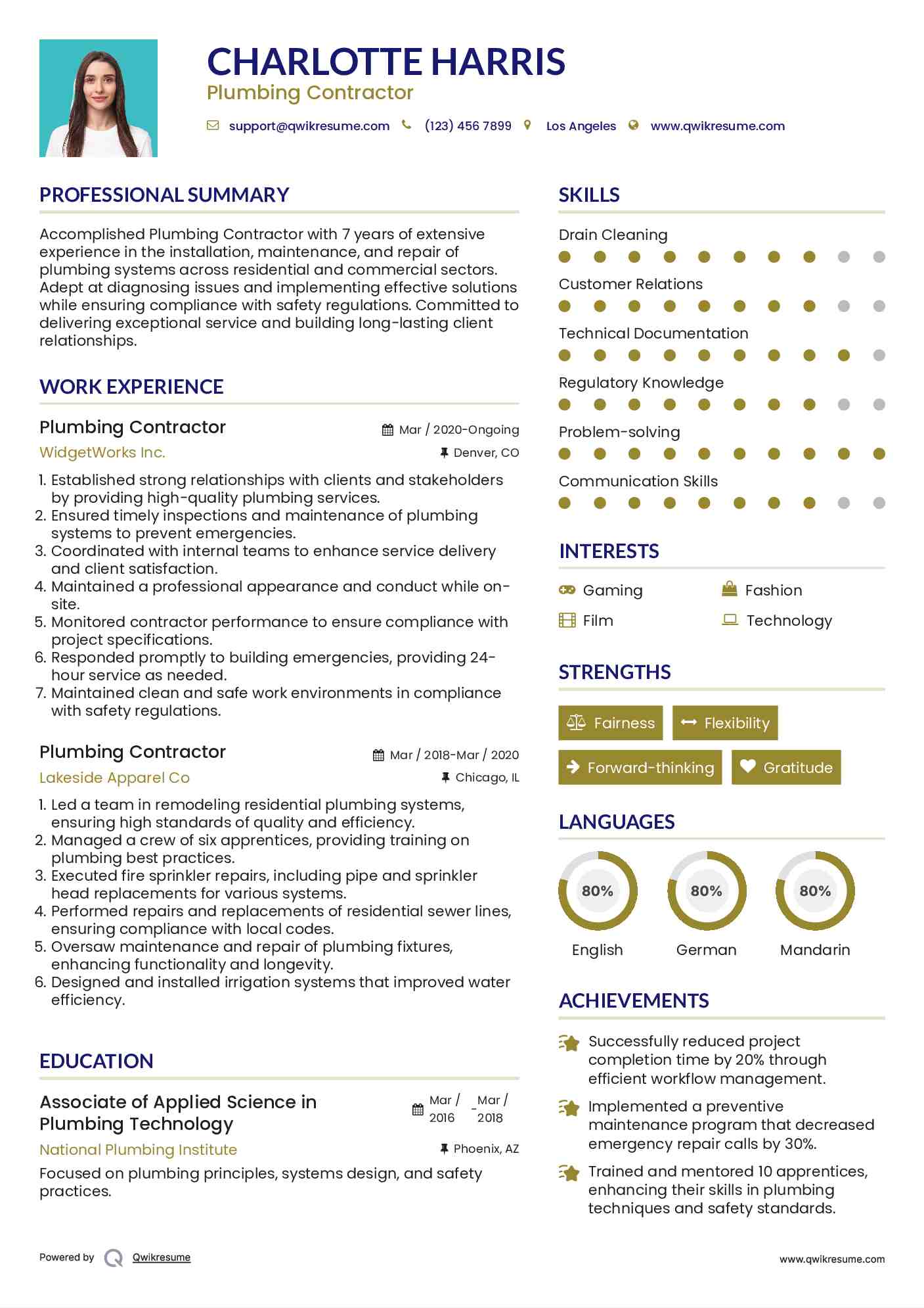 Plumbing Contractor Resume Template