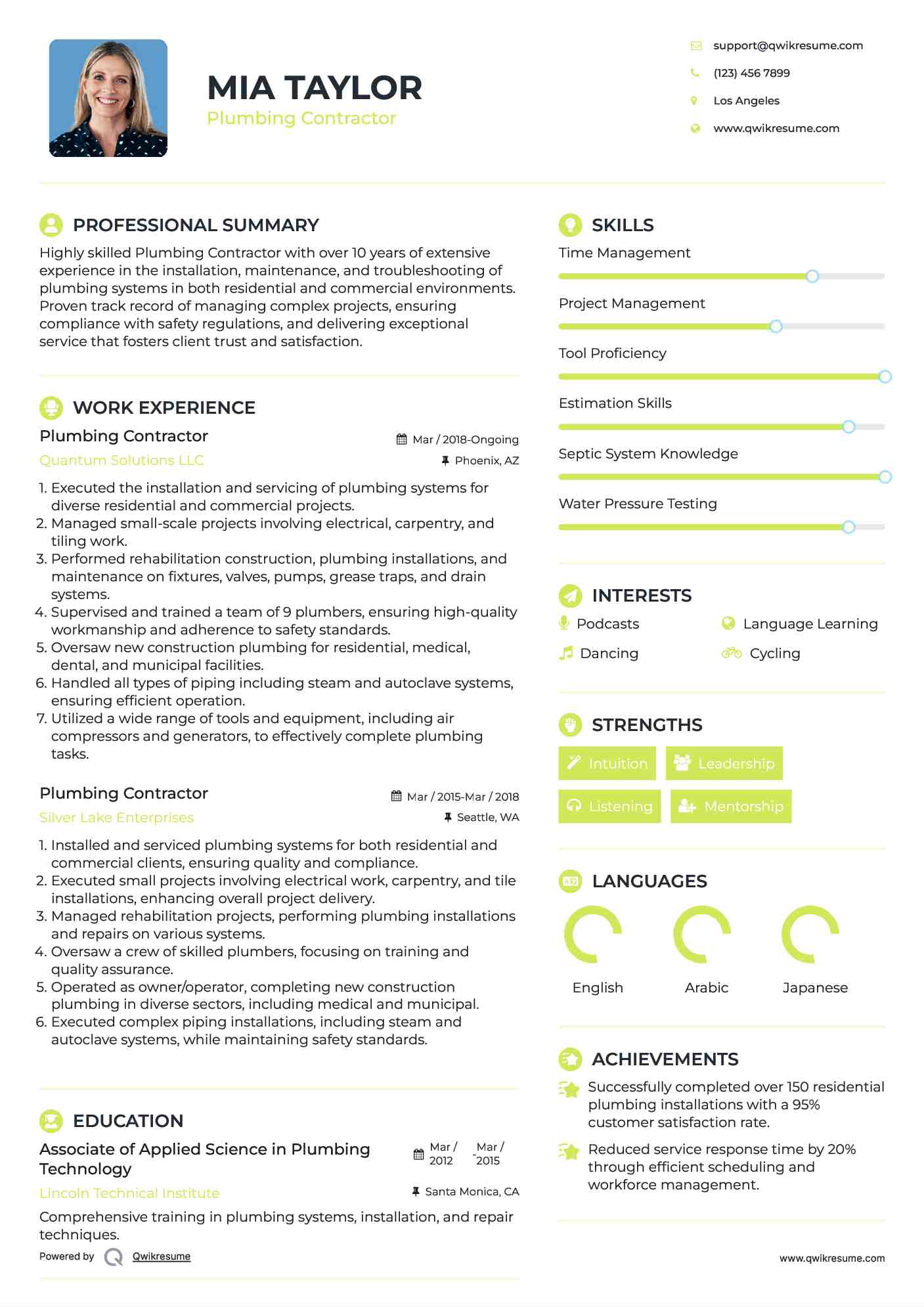 Plumbing Contractor Resume Format