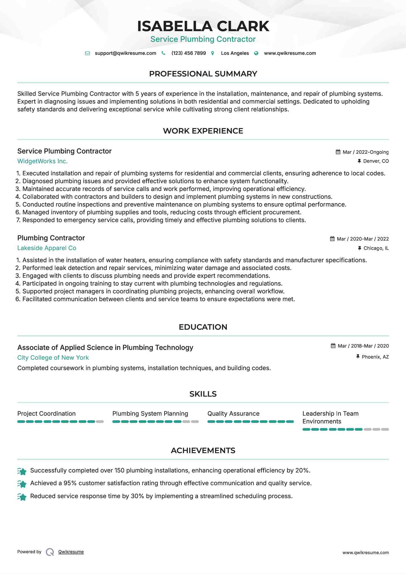 Service Plumbing Contractor Resume Template