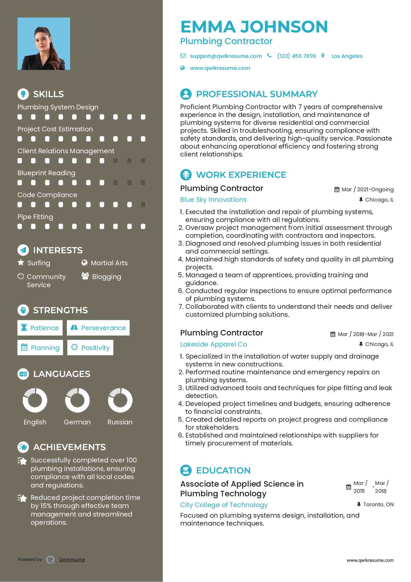 Plumbing Contractor Resume Example