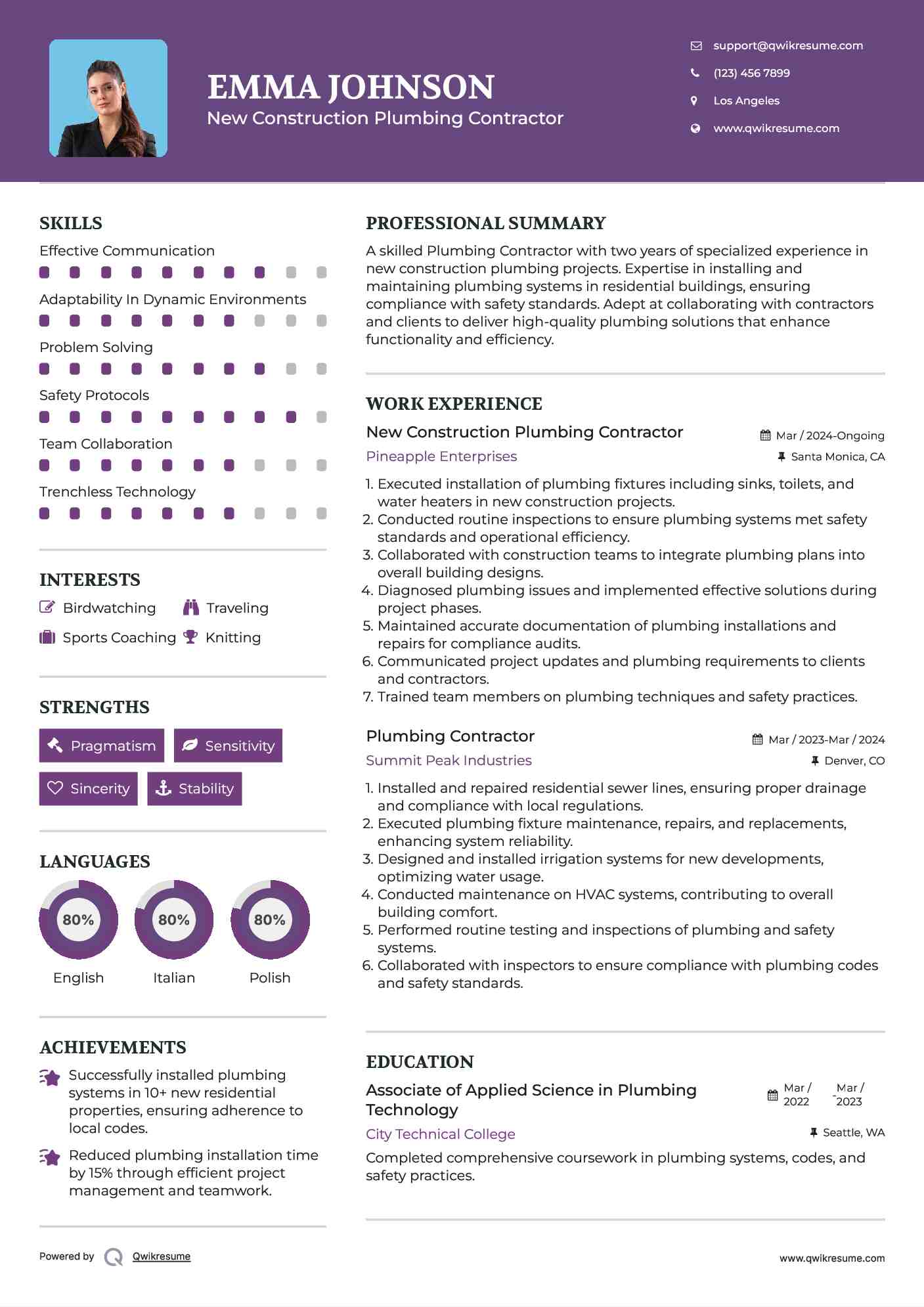 New Construction Plumbing Contractor Resume Sample