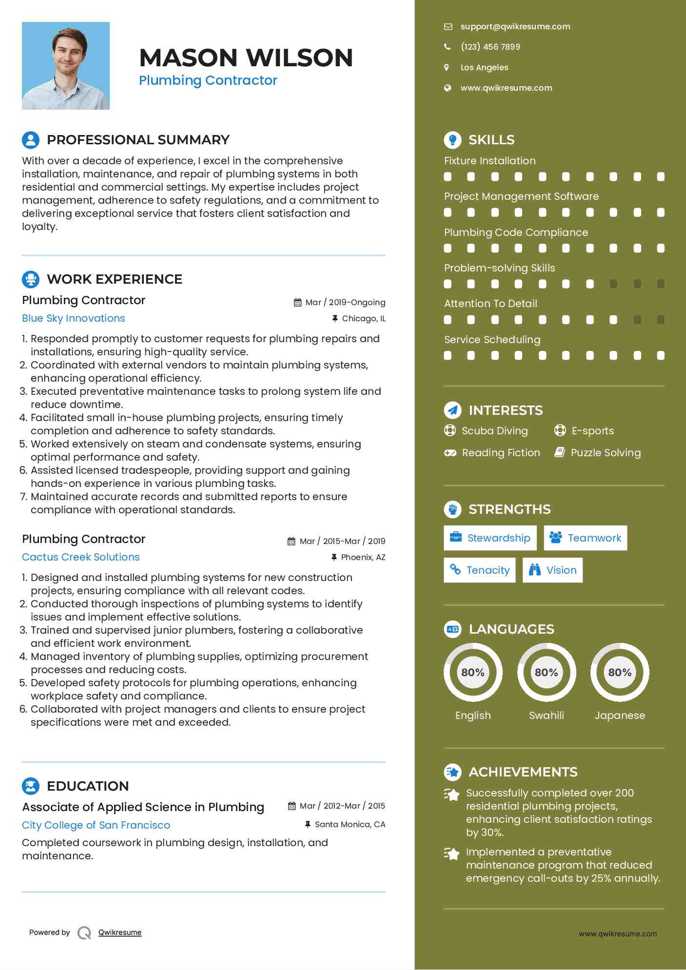 Plumbing Contractor Resume Example