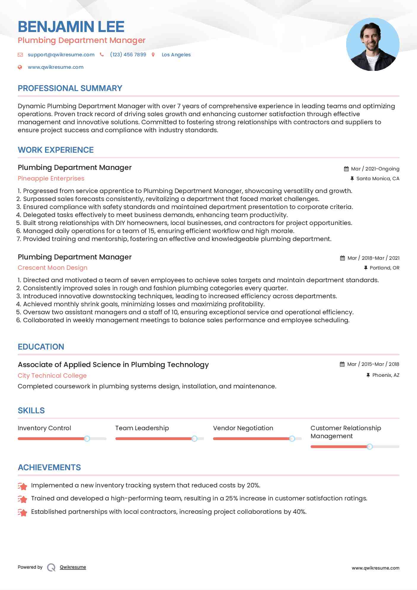 Plumbing Department Manager Resume Format