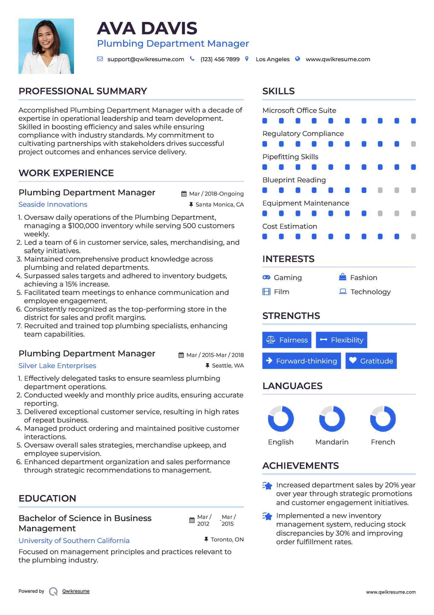 Plumbing Department Manager Resume Model