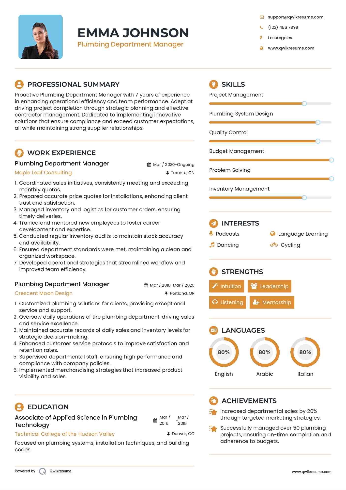 Plumbing Department Manager Resume Sample