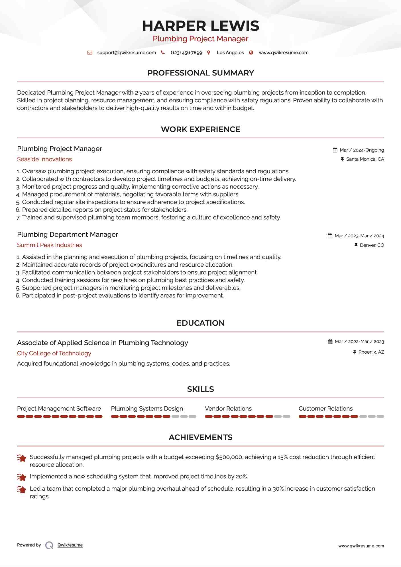 Plumbing Project Manager Resume Model