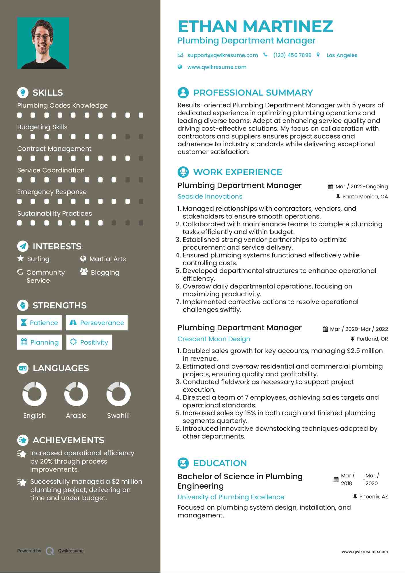 Plumbing Department Manager Resume Template
