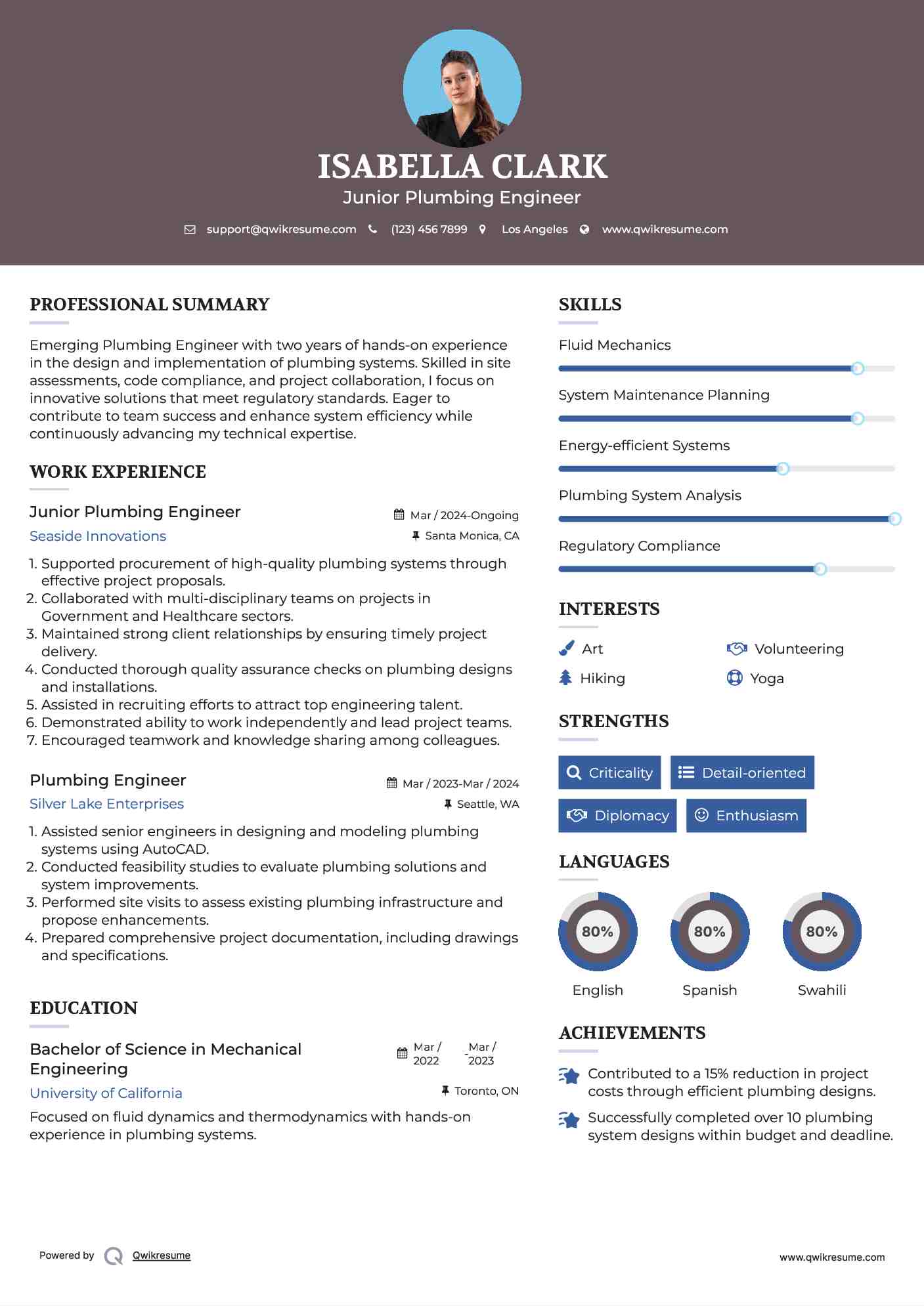 Junior Plumbing Engineer Resume Example