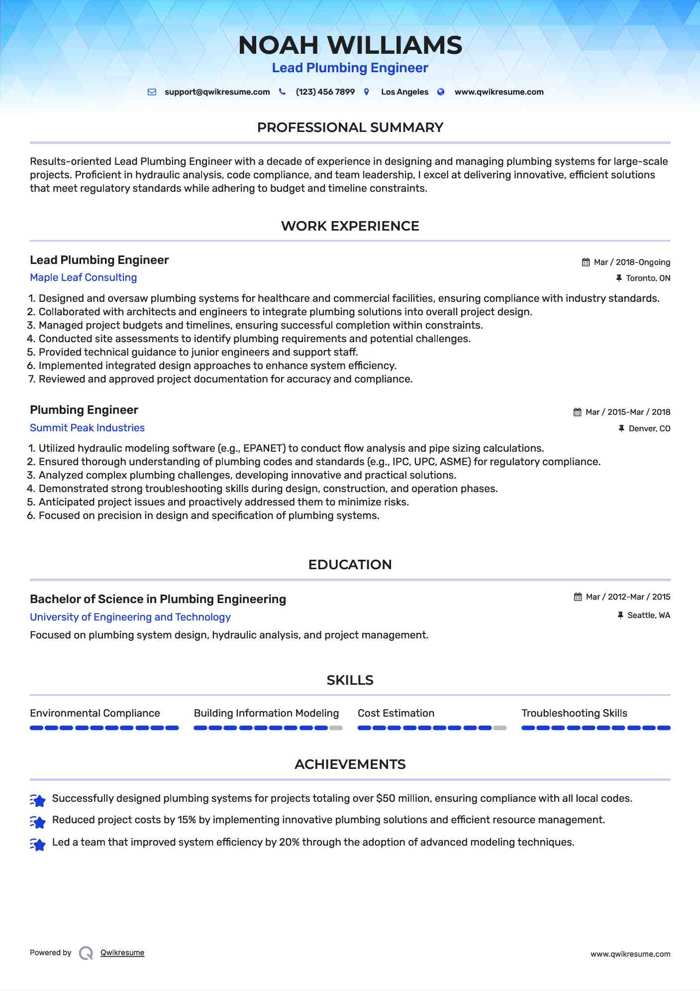 Lead Plumbing Engineer Resume Sample