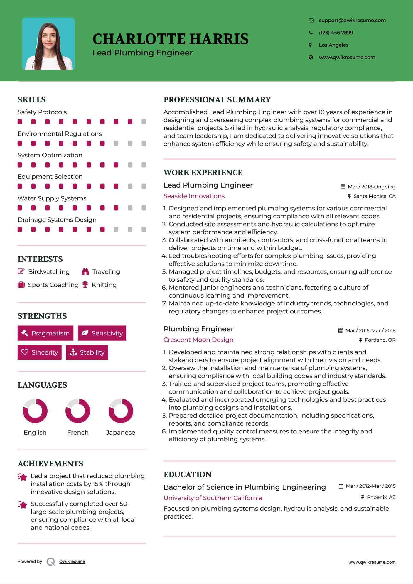 Lead Plumbing Engineer Resume Format