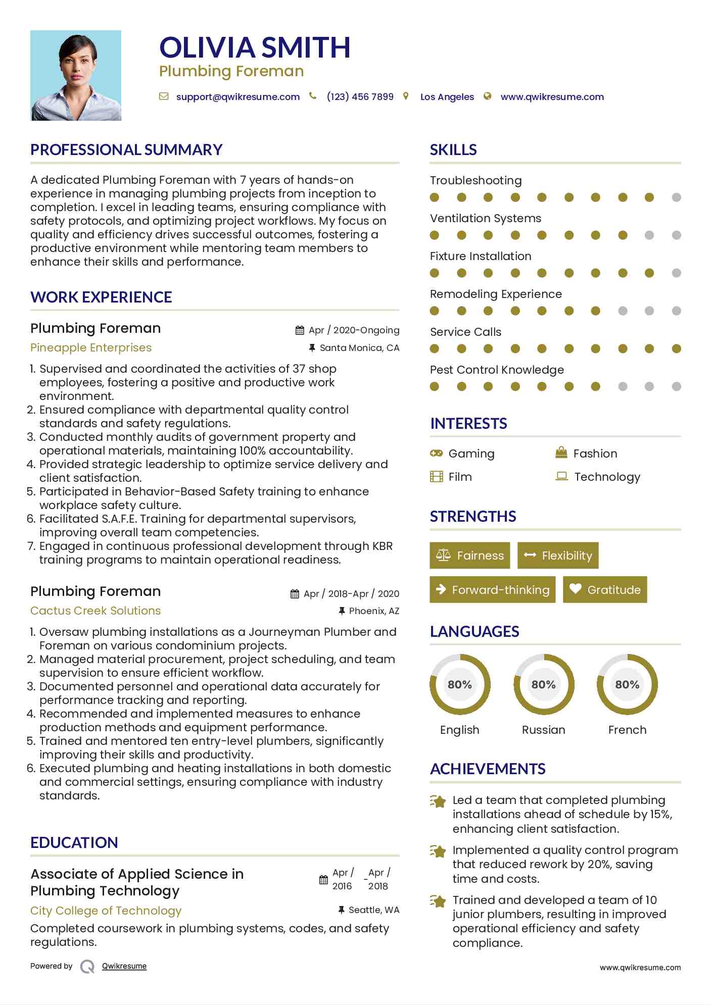 Plumbing Foreman Resume Sample