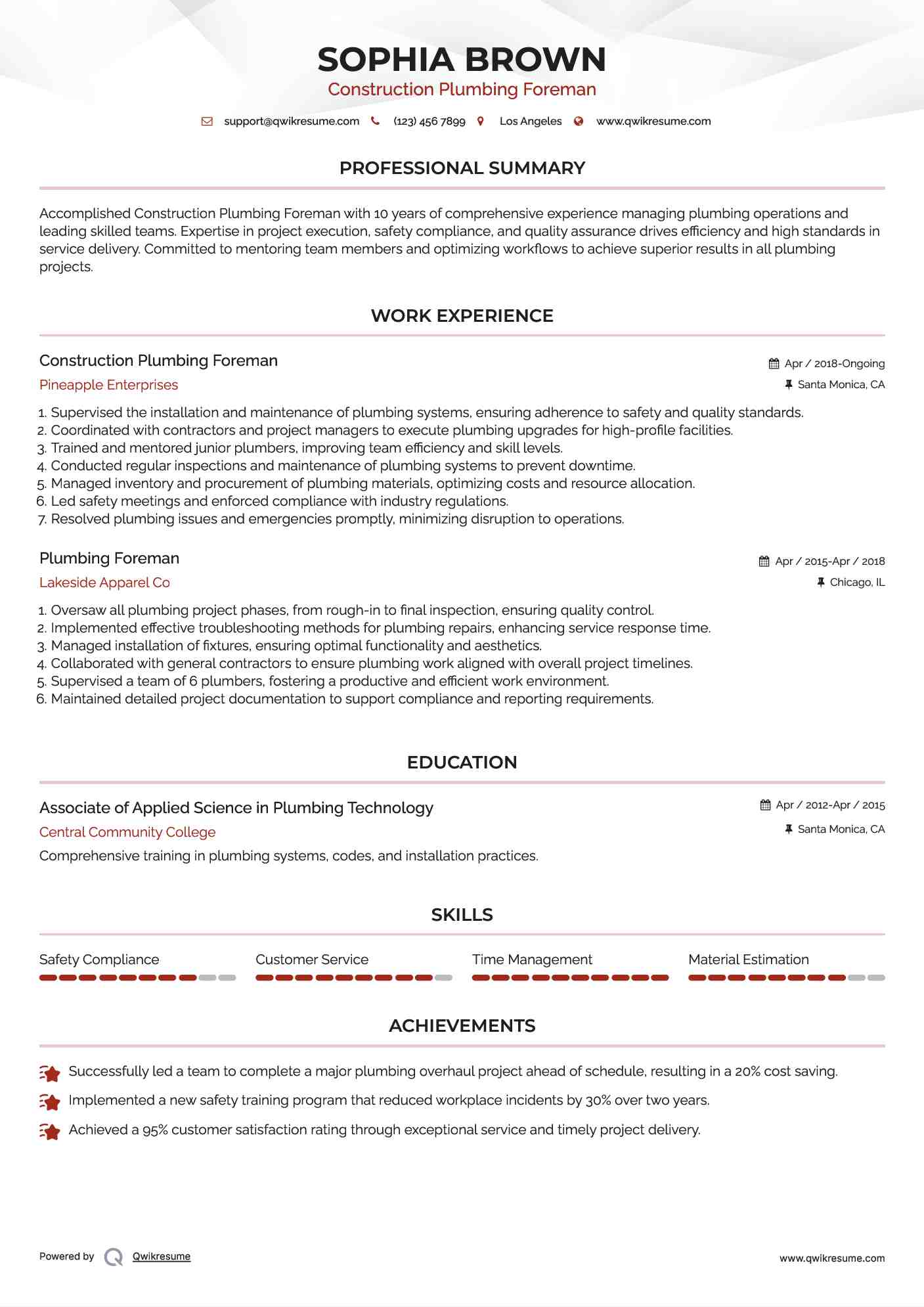 Construction Plumbing Foreman Resume Sample