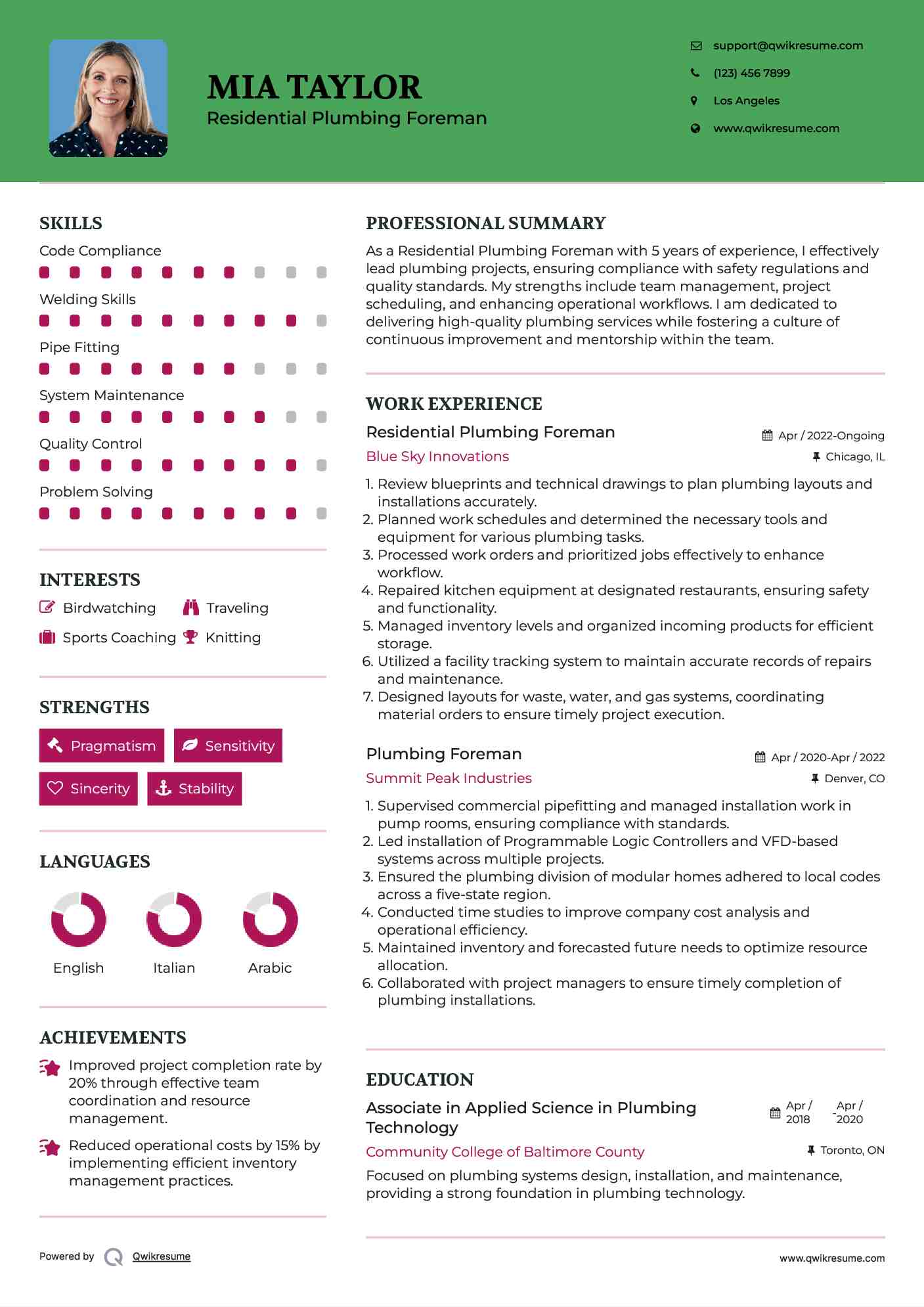 Residential Plumbing Foreman Resume Model