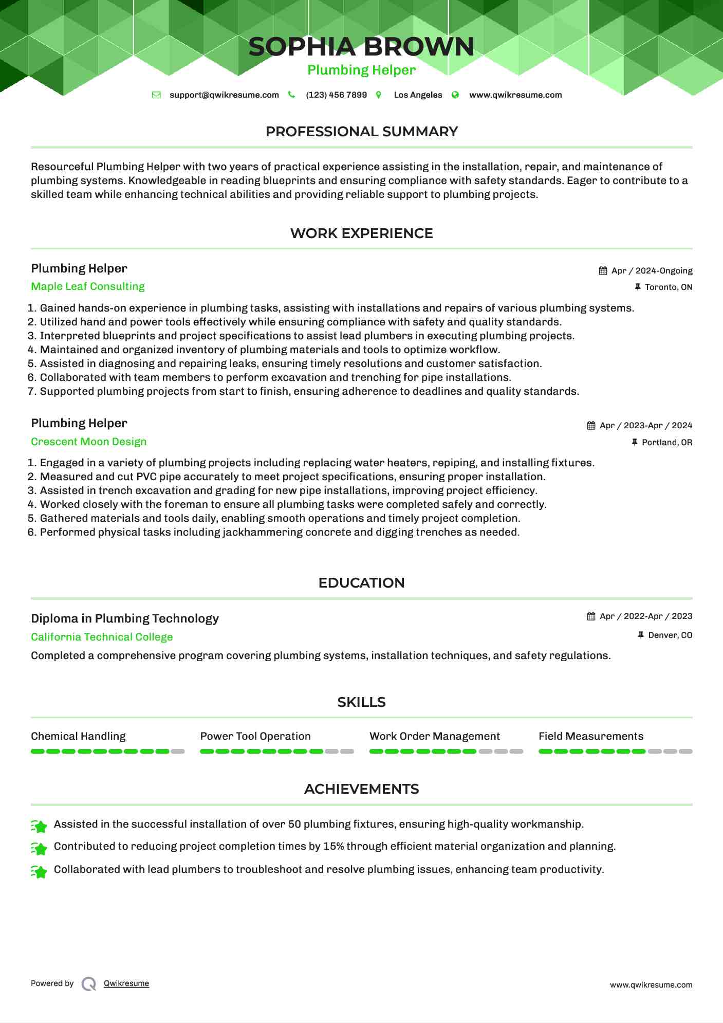Plumbing Helper Resume Sample