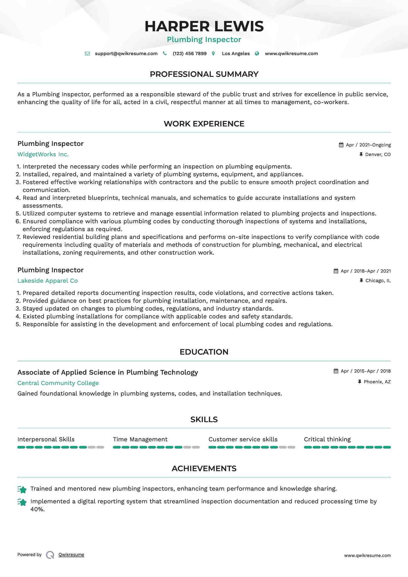 Plumbing Inspector Resume Model