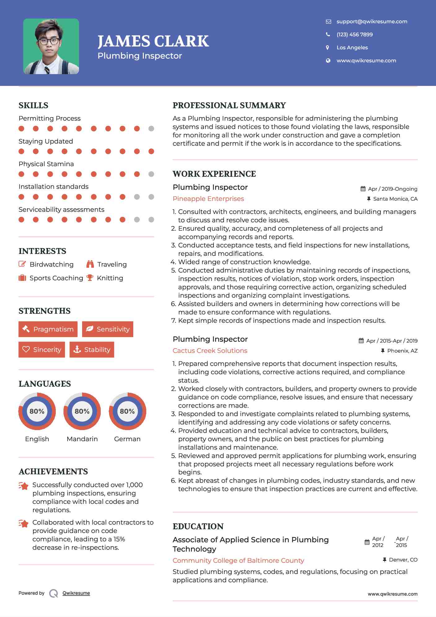 Plumbing Inspector Resume Sample