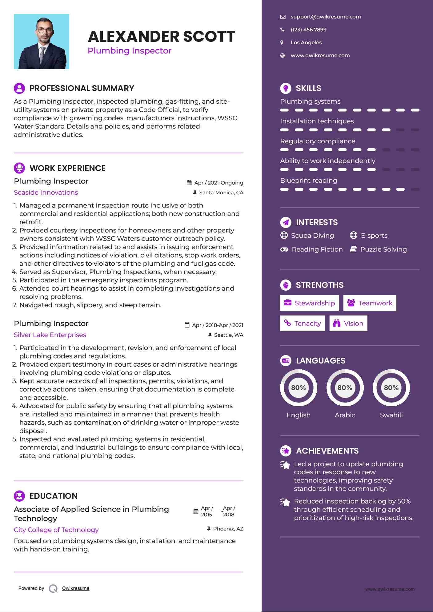 Plumbing Inspector Resume Sample