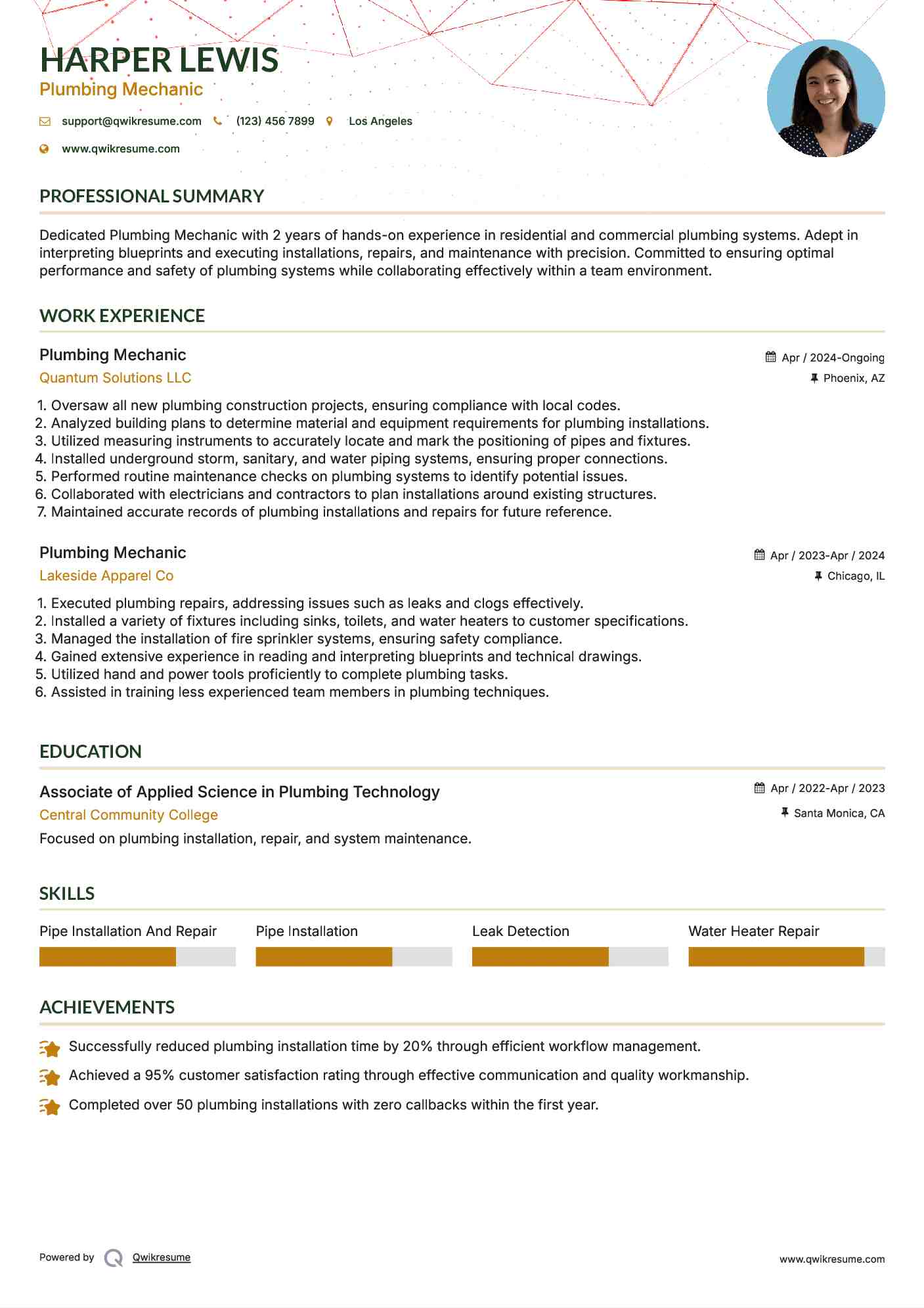 Plumbing Mechanic Resume Example