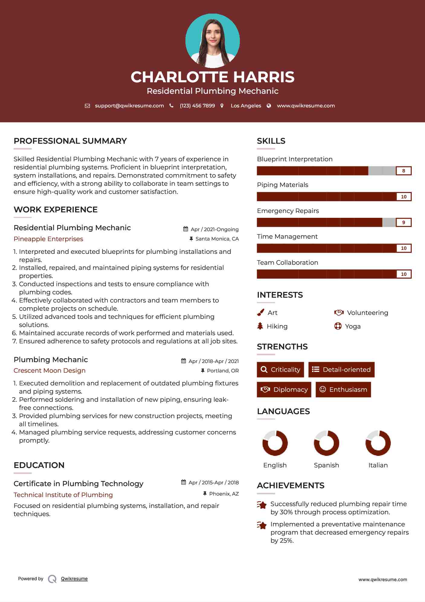 Residential Plumbing Mechanic Resume Model