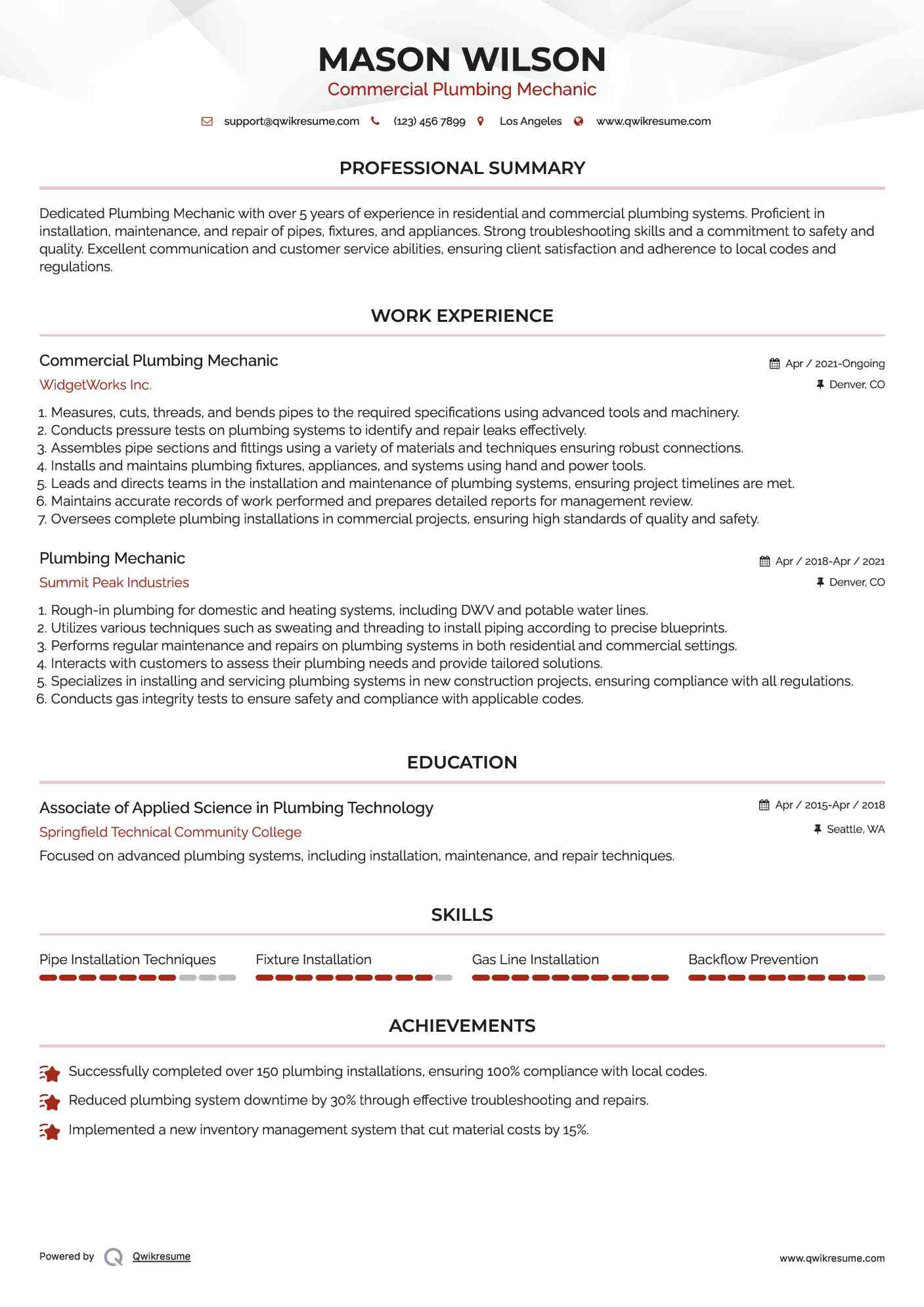 Commercial Plumbing Mechanic Resume Template