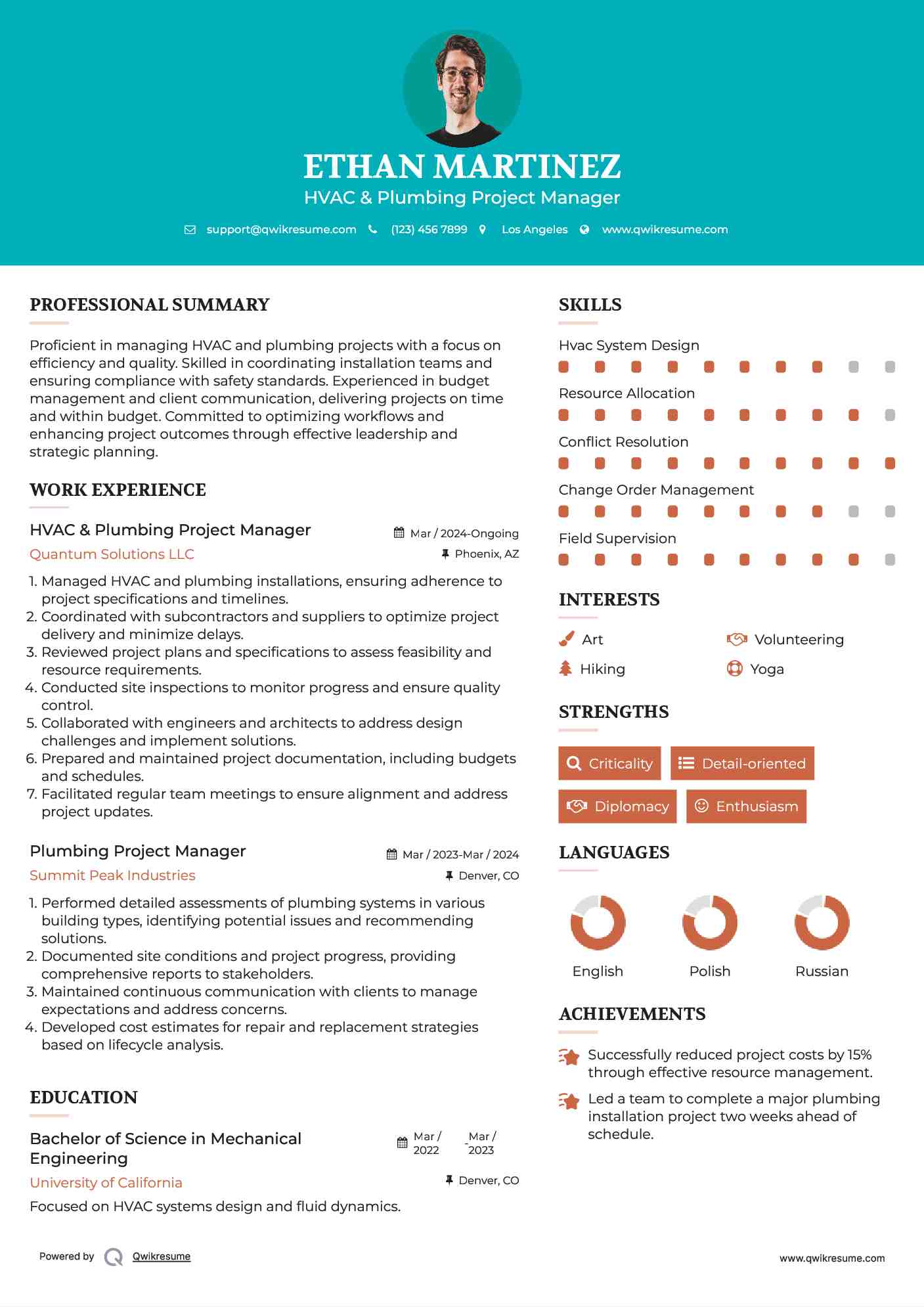 Plumbing Project Manager Resume Samples QwikResume