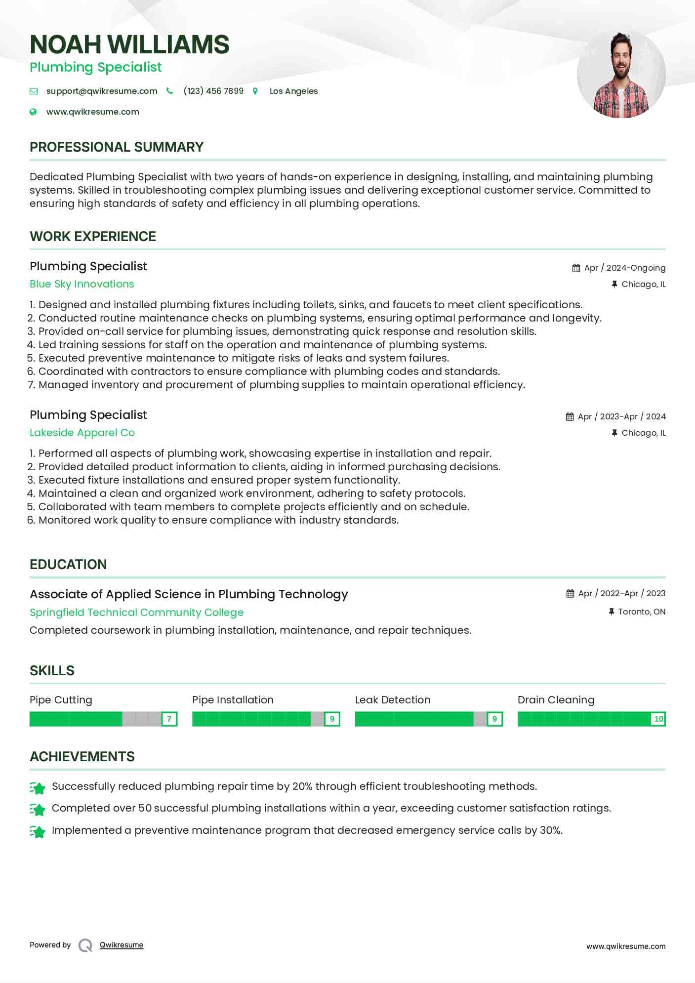 Plumbing Specialist Resume Example