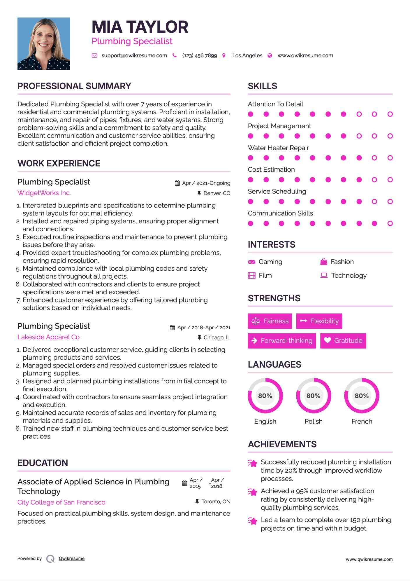 Plumbing Specialist Resume Sample