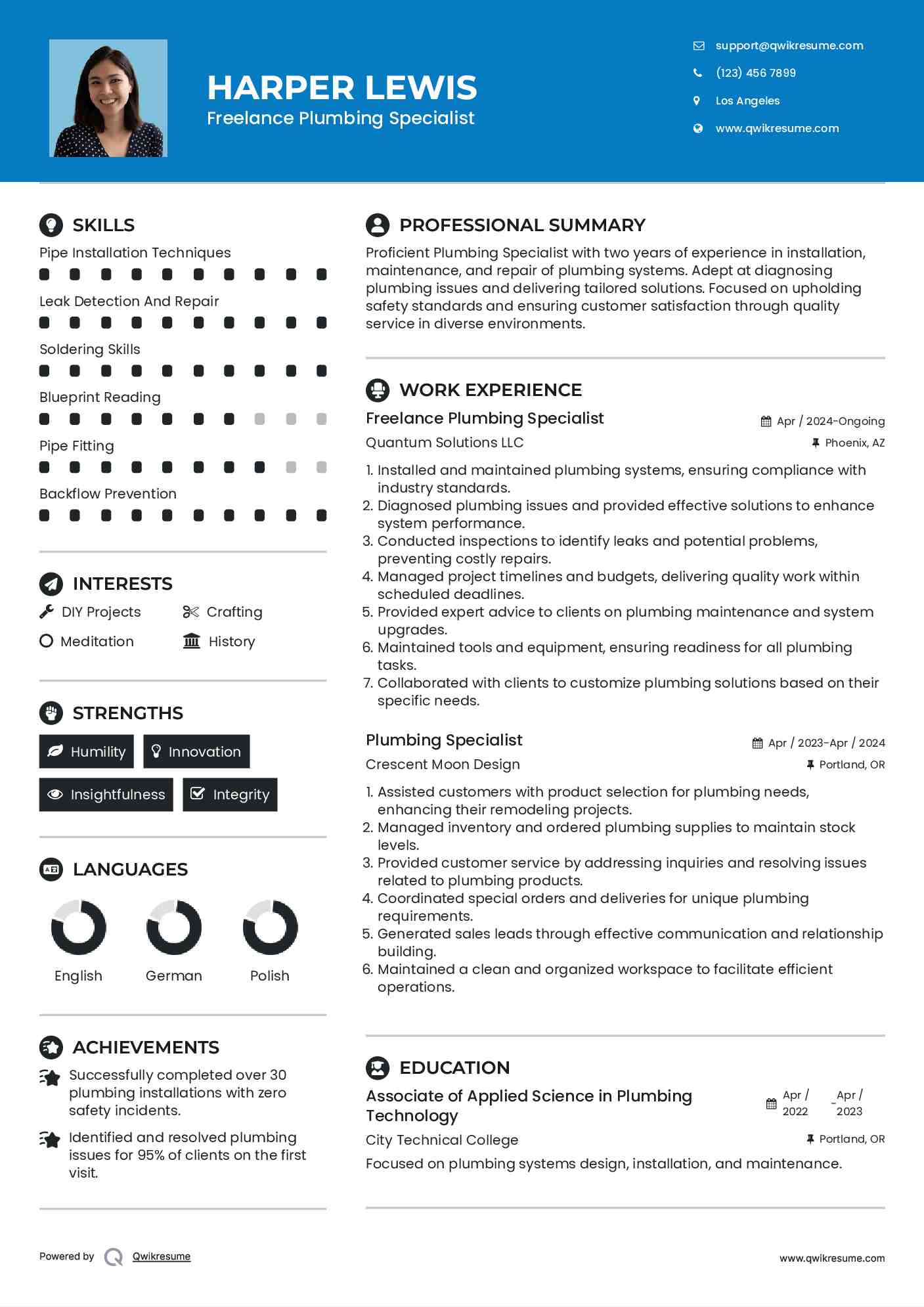 Freelance Plumbing Specialist Resume Example