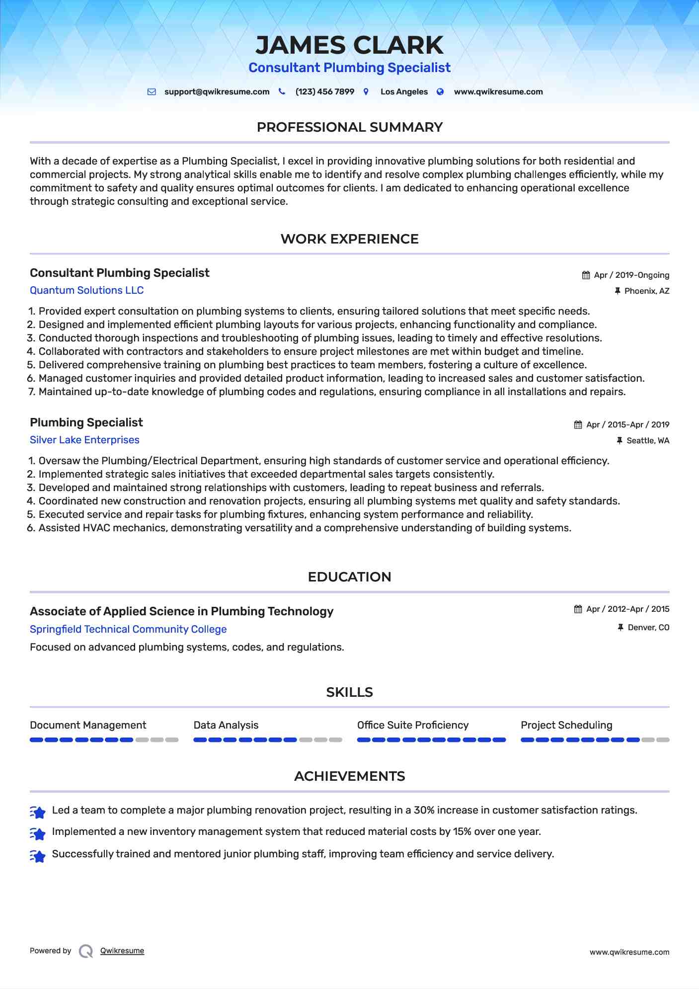 Consultant Plumbing Specialist Resume Example