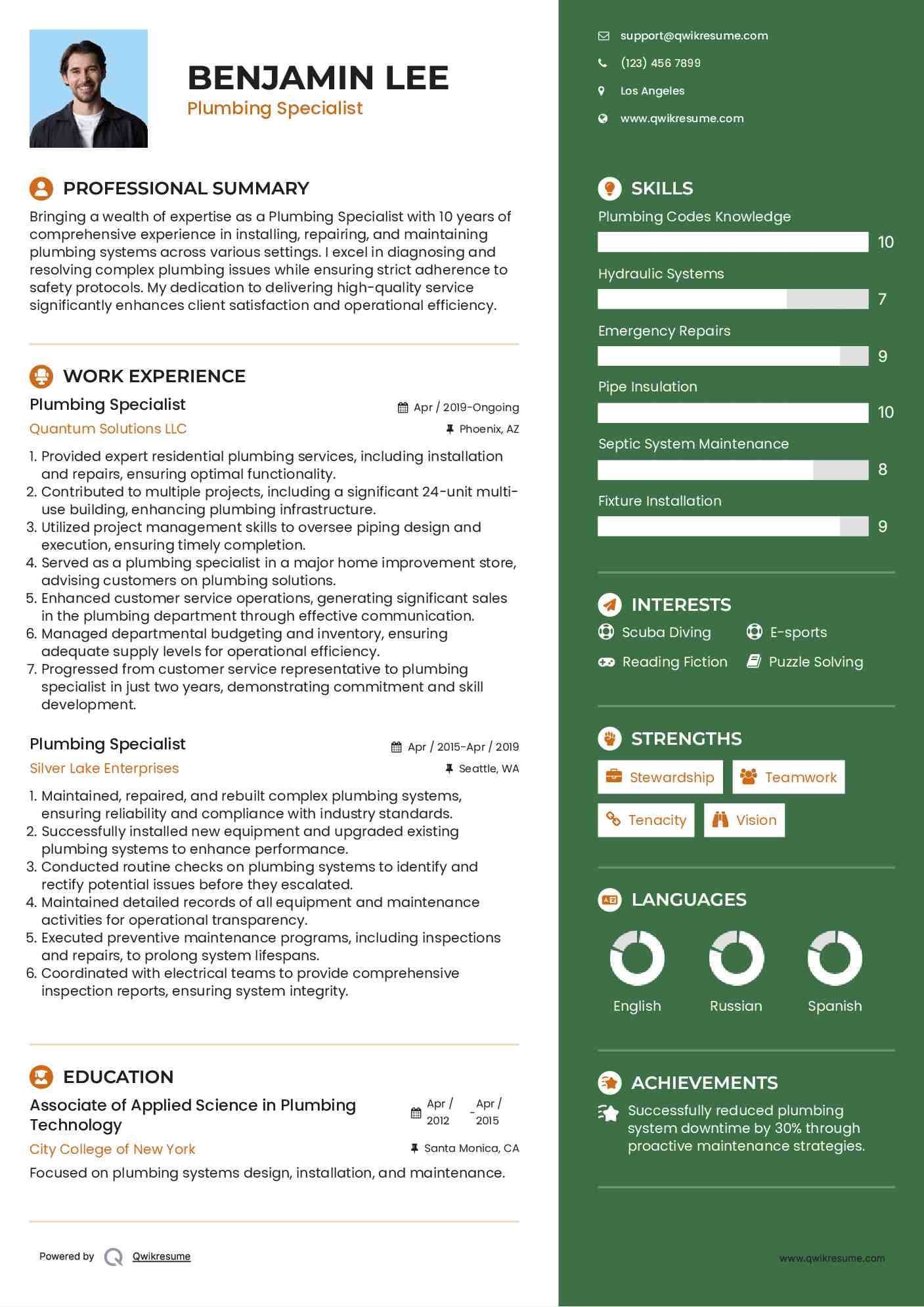 Plumbing Specialist Resume Model