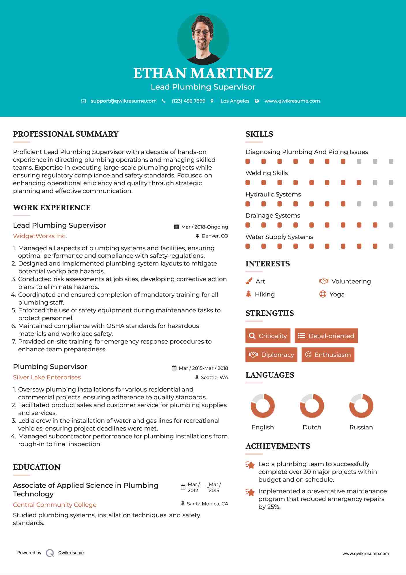 Lead Plumbing Supervisor Resume Sample