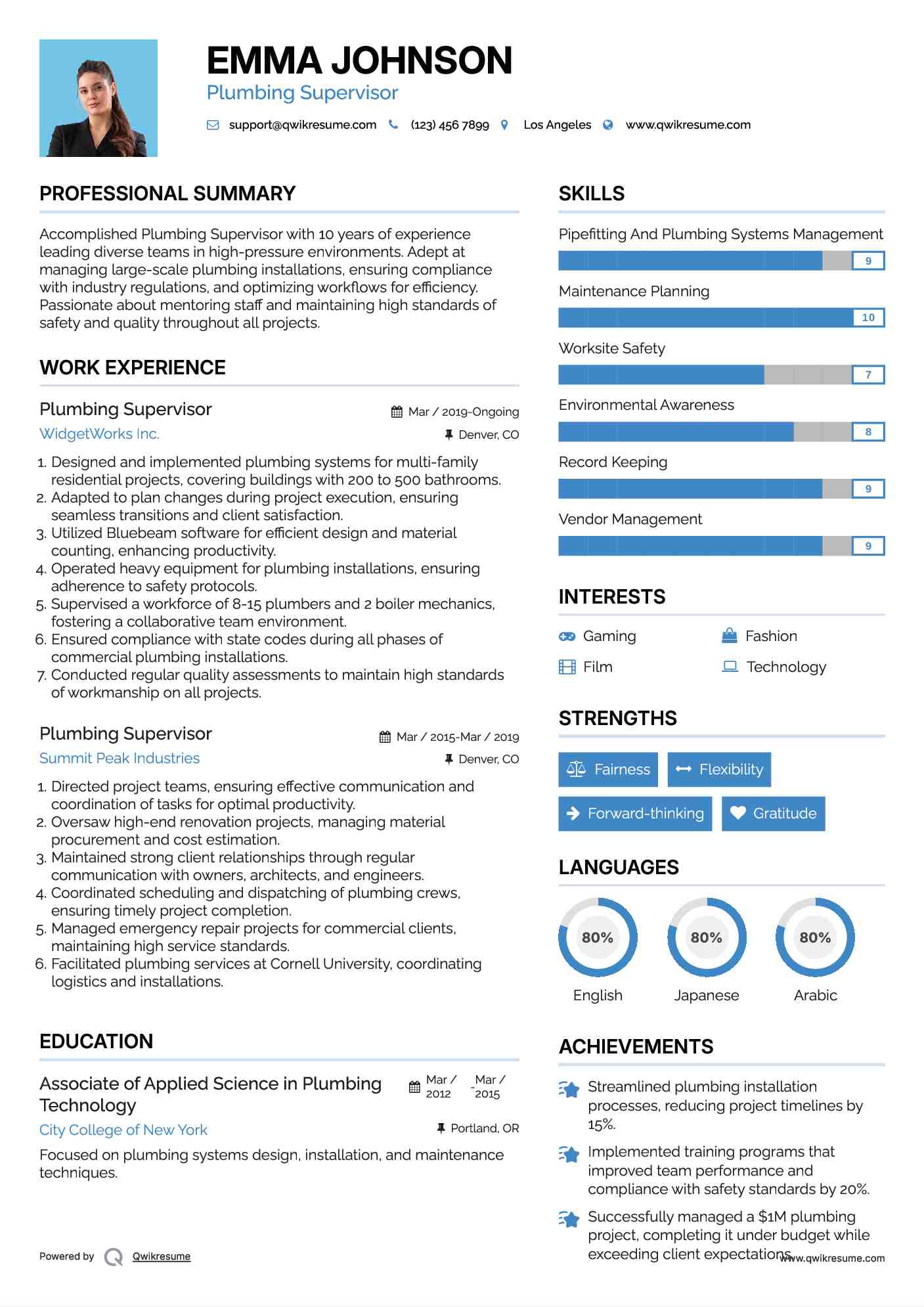 Plumbing Supervisor Resume Model