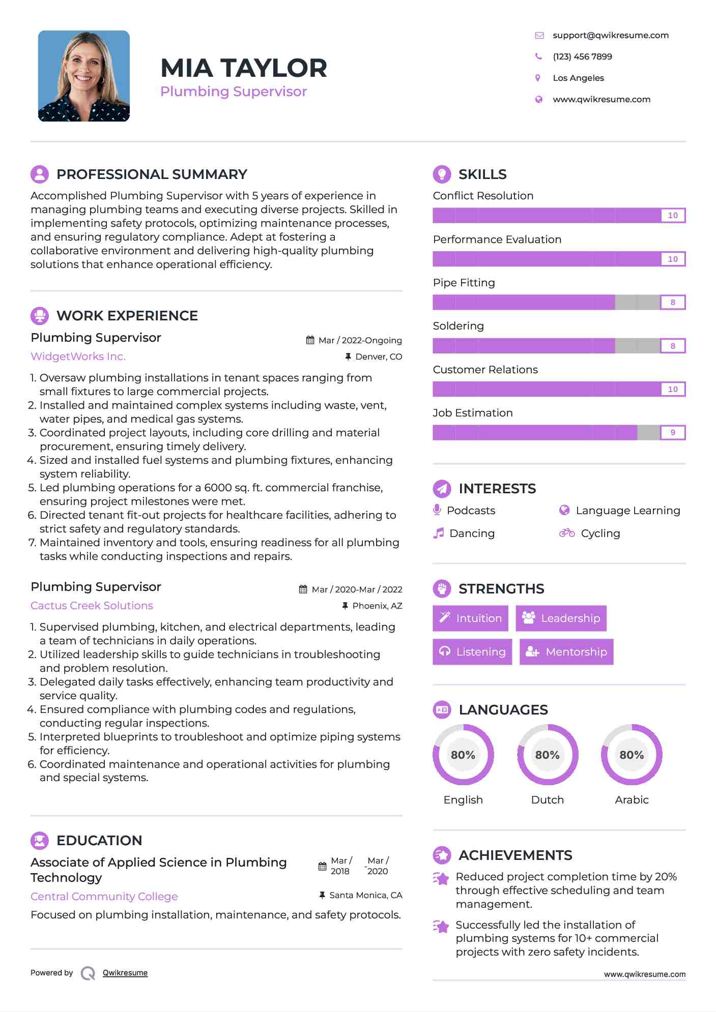 Plumbing Supervisor Resume Model
