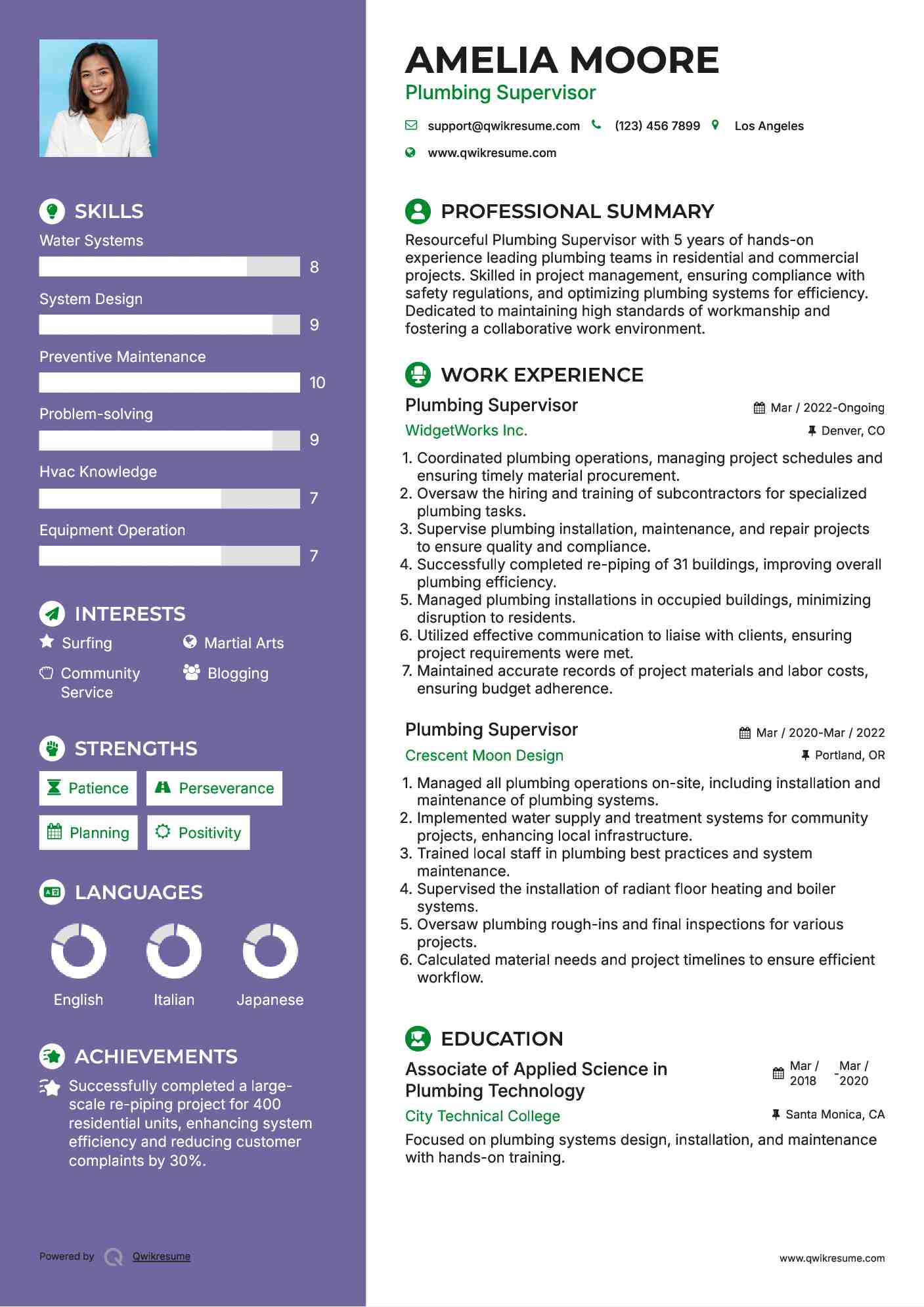 Plumbing Supervisor Resume Sample