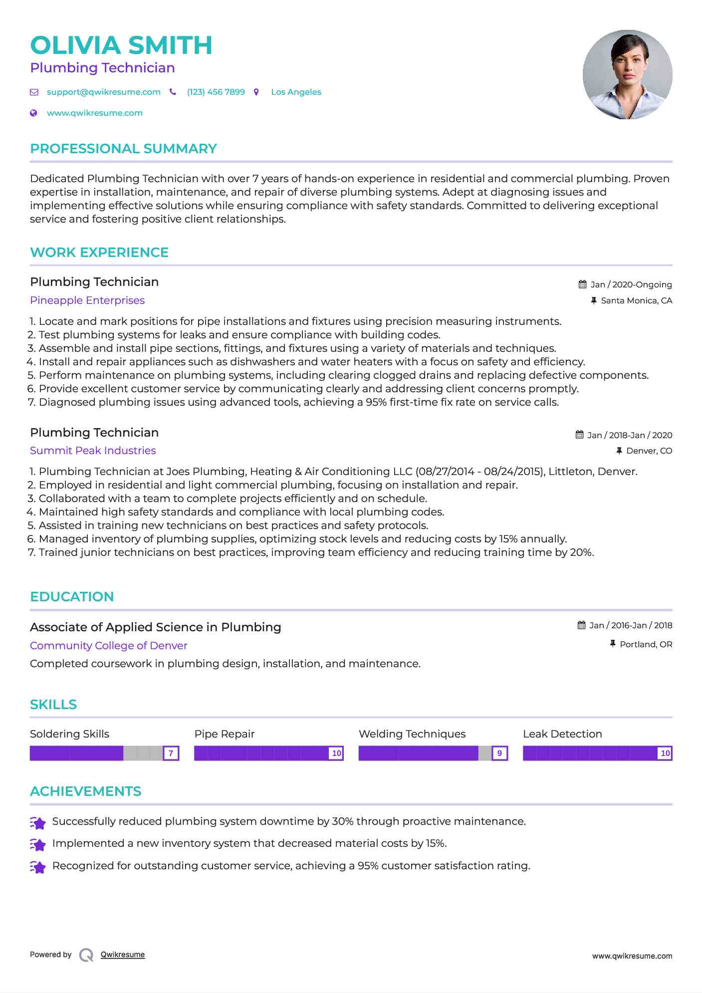 Plumbing Technician Resume Template