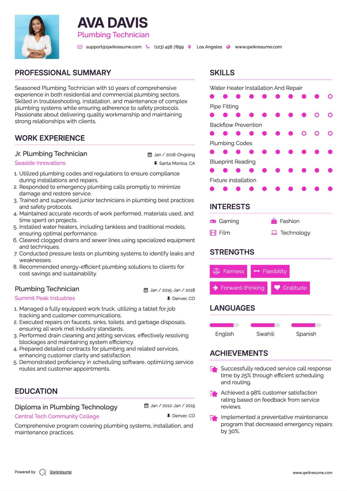Jr. Plumbing Technician Resume Sample