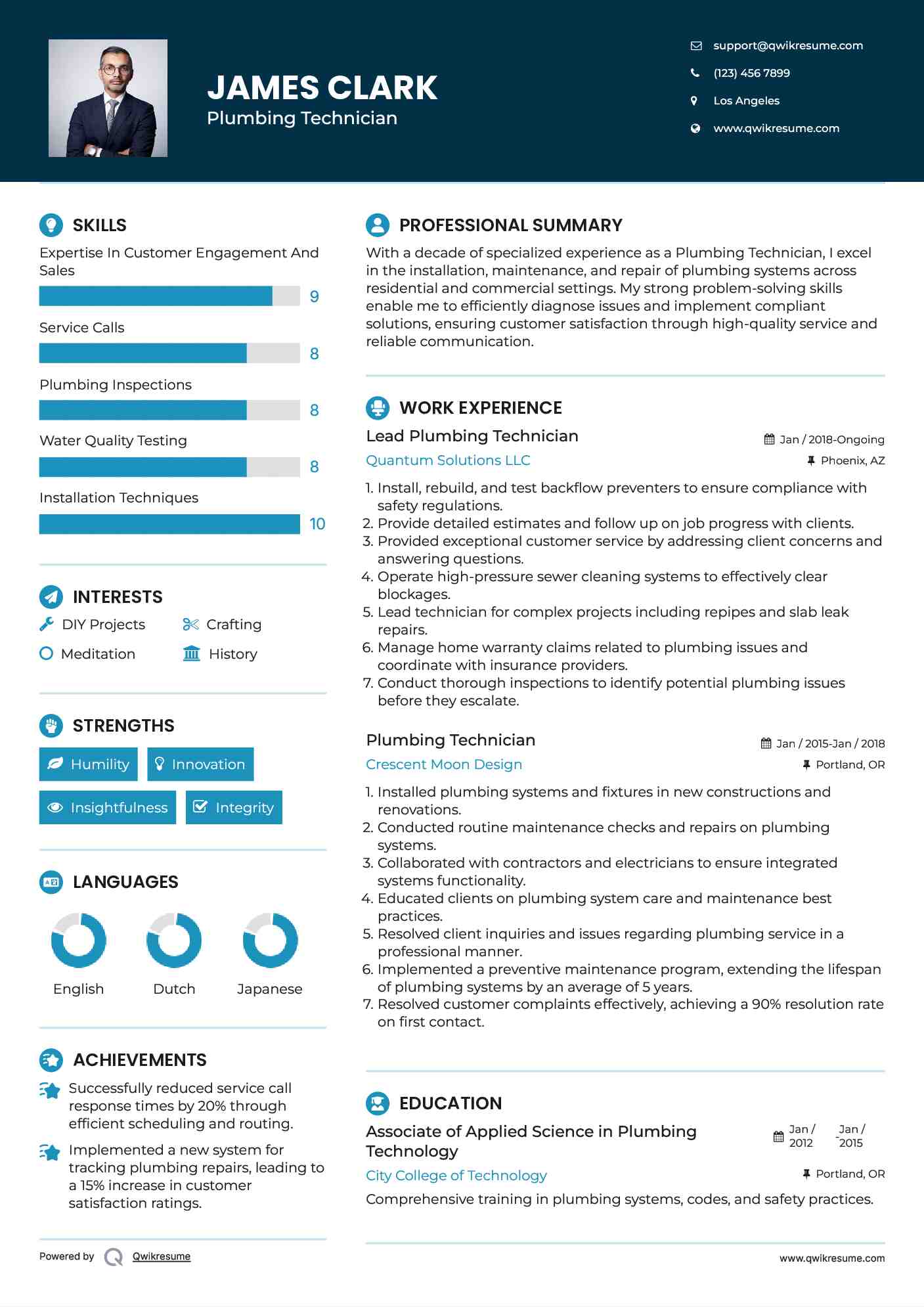 Lead Plumbing Technician Resume Sample