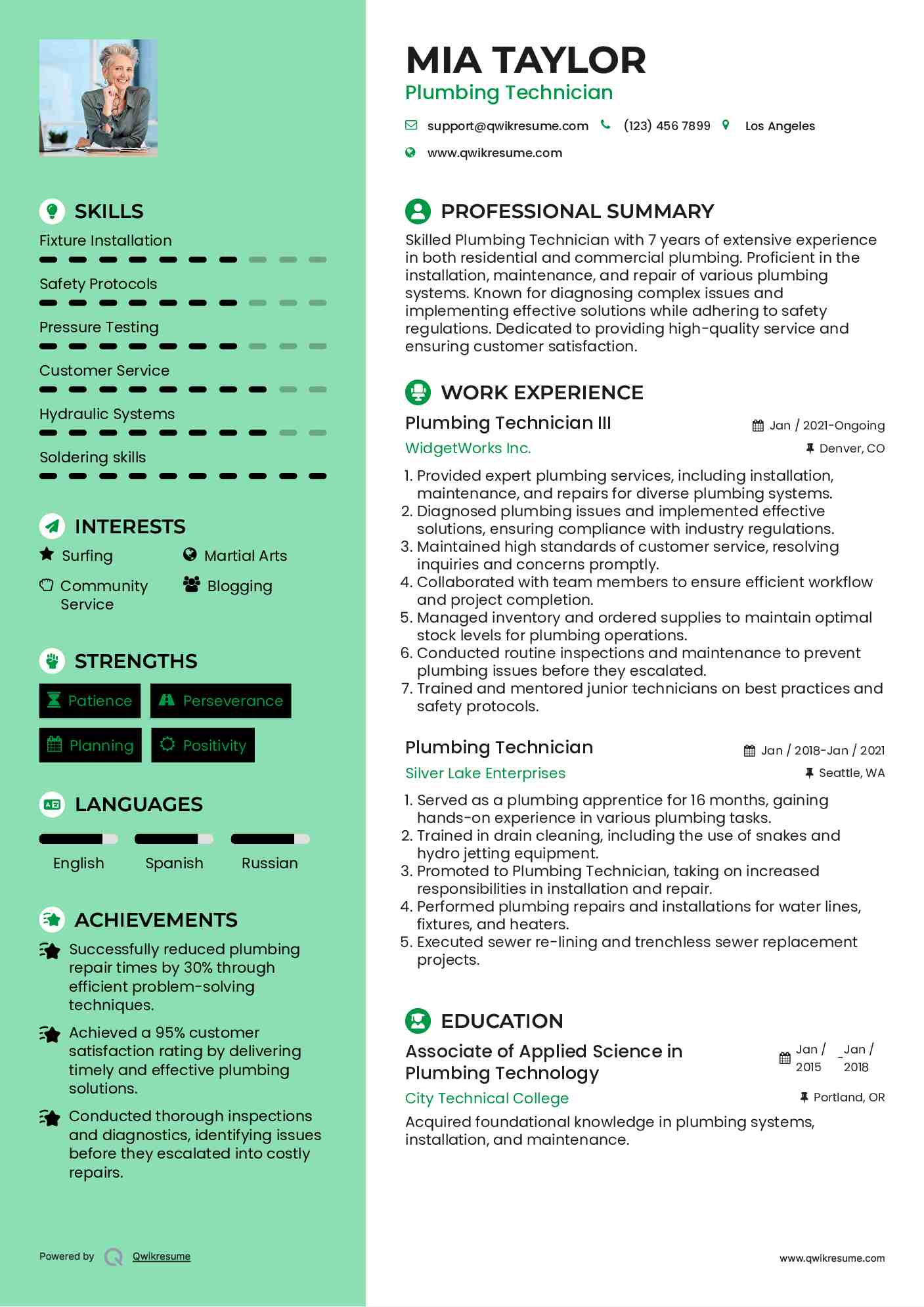 Plumbing Technician III Resume Template