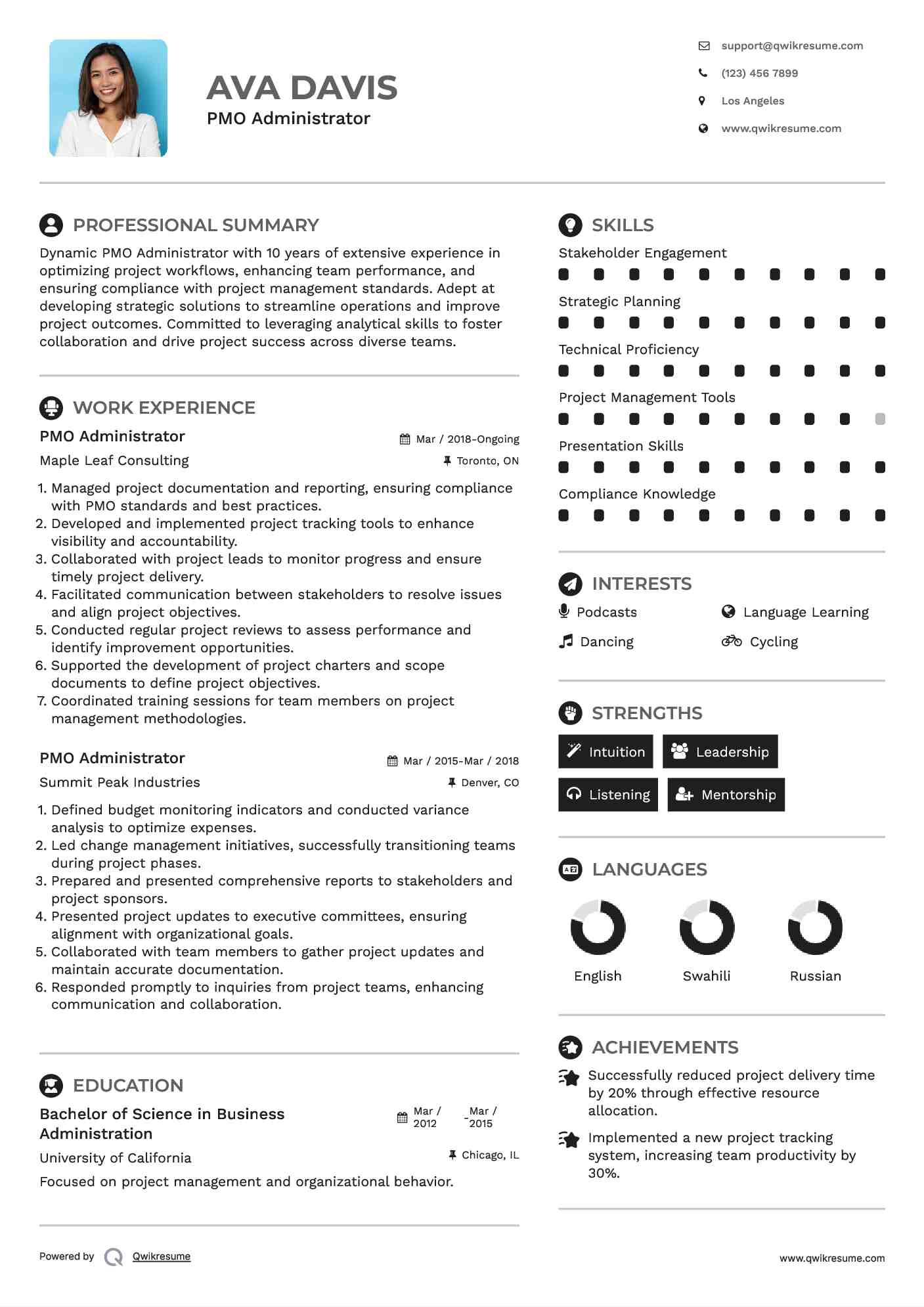 PMO Administrator Resume Model