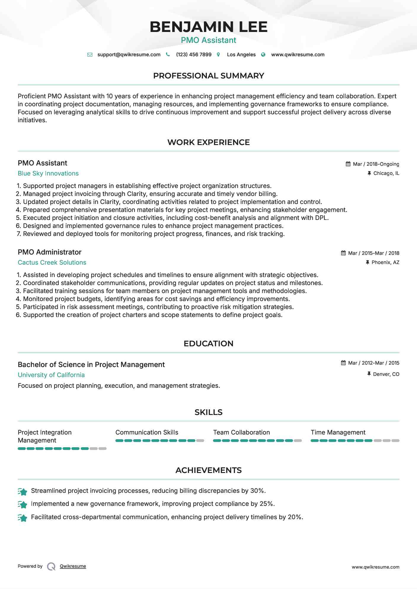 PMO Assistant Resume Format